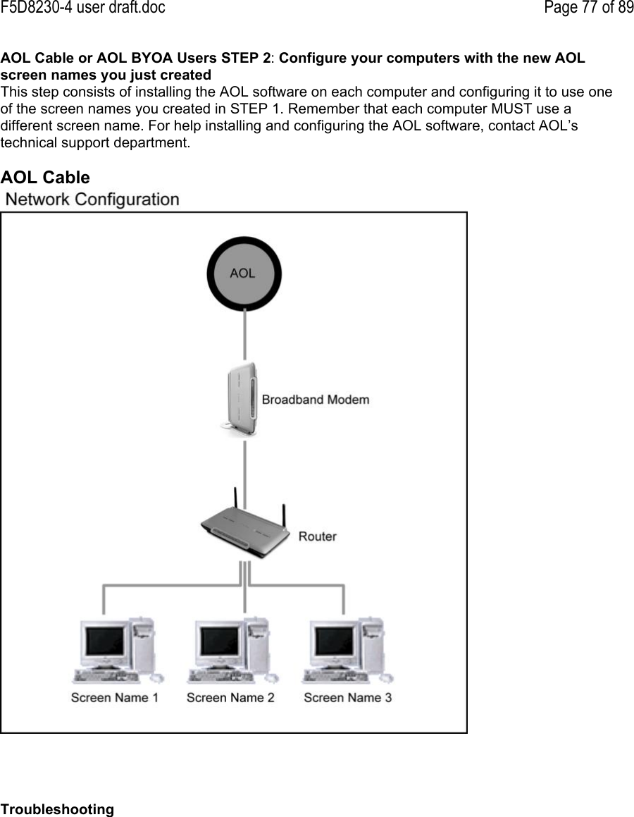 F5D8230-4 user draft.doc Page 77 of 89AOL Cable or AOL BYOA Users STEP 2: Configure your computers with the new AOLscreen names you just createdThis step consists of installing the AOL software on each computer and configuring it to use oneof the screen names you created in STEP 1. Remember that each computer MUST use adifferent screen name. For help installing and configuring the AOL software, contact AOL’stechnical support department.AOL CableTroubleshooting