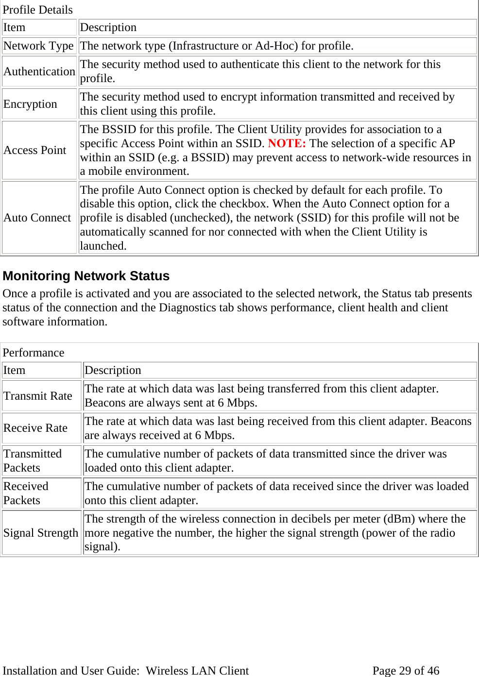 Profile Details Item Description Network Type The network type (Infrastructure or Ad-Hoc) for profile. Authentication The security method used to authenticate this client to the network for this profile. Encryption The security method used to encrypt information transmitted and received by this client using this profile. Access Point The BSSID for this profile. The Client Utility provides for association to a specific Access Point within an SSID. NOTE: The selection of a specific AP within an SSID (e.g. a BSSID) may prevent access to network-wide resources in a mobile environment. Auto Connect The profile Auto Connect option is checked by default for each profile. To disable this option, click the checkbox. When the Auto Connect option for a profile is disabled (unchecked), the network (SSID) for this profile will not be automatically scanned for nor connected with when the Client Utility is launched. Monitoring Network Status Once a profile is activated and you are associated to the selected network, the Status tab presents status of the connection and the Diagnostics tab shows performance, client health and client software information. Performance Item Description Transmit Rate The rate at which data was last being transferred from this client adapter. Beacons are always sent at 6 Mbps. Receive Rate The rate at which data was last being received from this client adapter. Beacons are always received at 6 Mbps. Transmitted Packets The cumulative number of packets of data transmitted since the driver was loaded onto this client adapter. Received Packets The cumulative number of packets of data received since the driver was loaded onto this client adapter. Signal Strength The strength of the wireless connection in decibels per meter (dBm) where the more negative the number, the higher the signal strength (power of the radio signal). Installation and User Guide: Wireless LAN Client Page 29 of 46