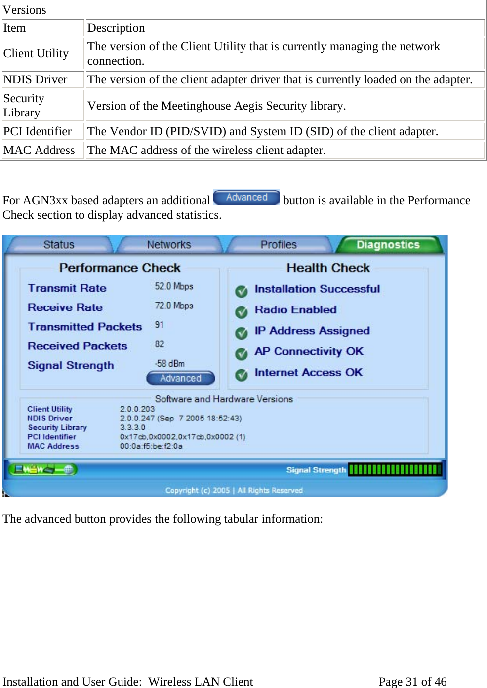 Versions Item Description Client Utility The version of the Client Utility that is currently managing the network connection. NDIS Driver The version of the client adapter driver that is currently loaded on the adapter. Security Library Version of the Meetinghouse Aegis Security library. PCI Identifier The Vendor ID (PID/SVID) and System ID (SID) of the client adapter. MAC Address The MAC address of the wireless client adapter. For AGN3xx based adapters an additional button is available in the Performance Check section to display advanced statistics. The advanced button provides the following tabular information: Installation and User Guide: Wireless LAN Client Page 31 of 46
