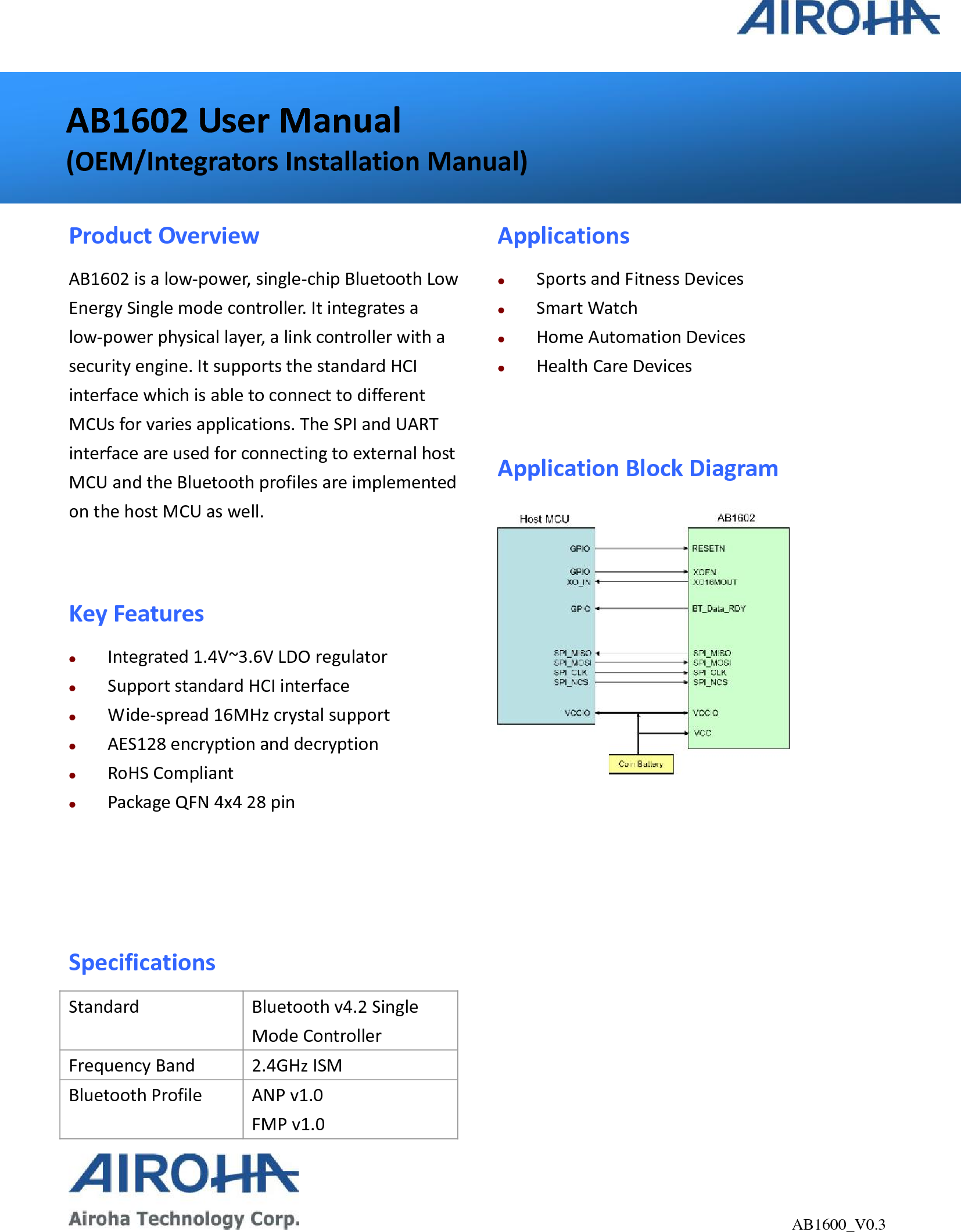 Airoha Technology AB1602 AB1602 Bluetooth 4.2 Module User Manual
