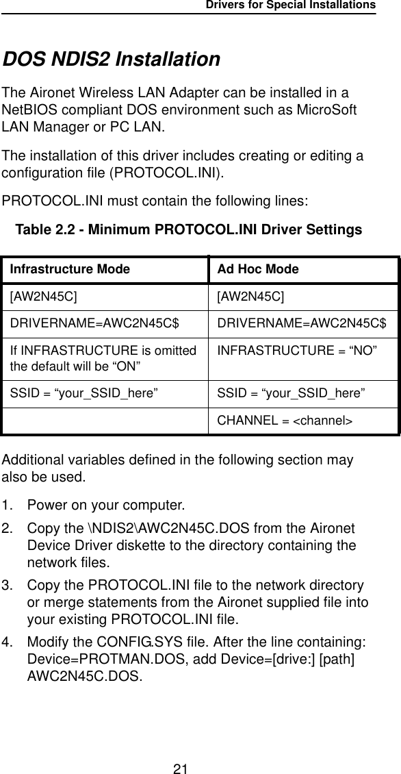 Drivers for Special Installations21DOS NDIS2 InstallationThe Aironet Wireless LAN Adapter can be installed in a NetBIOS compliant DOS environment such as MicroSoft LAN Manager or PC LAN.The installation of this driver includes creating or editing a configuration file (PROTOCOL.INI). PROTOCOL.INI must contain the following lines:Table 2.2 - Minimum PROTOCOL.INI Driver SettingsAdditional variables defined in the following section may also be used.1. Power on your computer.2. Copy the \NDIS2\AWC2N45C.DOS from the Aironet Device Driver diskette to the directory containing the network files.3. Copy the PROTOCOL.INI file to the network directory or merge statements from the Aironet supplied file into your existing PROTOCOL.INI file.4. Modify the CONFIG.SYS file. After the line containing: Device=PROTMAN.DOS, add Device=[drive:] [path] AWC2N45C.DOS.Infrastructure Mode Ad Hoc Mode[AW2N45C] [AW2N45C]DRIVERNAME=AWC2N45C$ DRIVERNAME=AWC2N45C$If INFRASTRUCTURE is omitted the default will be “ON”INFRASTRUCTURE = “NO”SSID = “your_SSID_here”SSID = “your_SSID_here”CHANNEL = &lt;channel&gt;