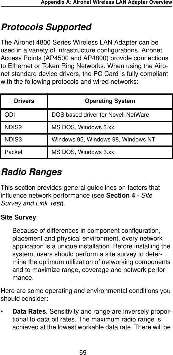 Appendix A: Aironet Wireless LAN Adapter Overview69Protocols SupportedThe Aironet 4800 Series Wireless LAN Adapter can be used in a variety of infrastructure configurations. Aironet Access Points (AP4500 and AP4800) provide connections to Ethernet or Token Ring Networks. When using the Airo-net standard device drivers, the PC Card is fully compliant with the following protocols and wired networks:Radio RangesThis section provides general guidelines on factors that influence network performance (see Section 4 - Site Survey and Link Test).Site SurveyBecause of differences in component configuration, placement and physical environment, every network application is a unique installation. Before installing the system, users should perform a site survey to deter-mine the optimum utilization of networking components and to maximize range, coverage and network perfor-mance. Here are some operating and environmental conditions you should consider:•Data Rates. Sensitivity and range are inversely propor-tional to data bit rates. The maximum radio range is achieved at the lowest workable data rate. There will be Drivers Operating SystemODI DOS based driver for Novell NetWareNDIS2 MS DOS, Windows 3.xxNDIS3 Windows 95, Windows 98, Windows NTPacket MS DOS, Windows 3.xx