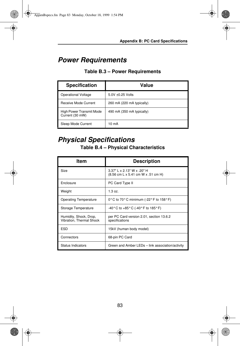Appendix B: PC Card Specifications83Power RequirementsTable B.3 &ndash; Power RequirementsPhysical SpecificationsTable B.4 &ndash; Physical CharacteristicsSpecification ValueOperational Voltage 5.0V &plusmn;0.25 VoltsReceive Mode Current 260 mA (220 mA typically)High Power Transmit Mode Current (30 mW) 490 mA (350 mA typically)Sleep Mode Current 10 mAItem DescriptionSize 3.37" L x 2.13" W x .20" H(8.56 cm L x 5.41 cm W x .51 cm H)Enclosure PC Card Type IIWeight 1.3 oz.Operating Temperature 0&deg; C to 70&deg; C minimum (-22&deg; F to 158&deg; F)Storage Temperature -40&deg; C to +85&deg; C (-40&deg; F to 185&deg; F)Humidity, Shock, Drop, Vibration, Thermal Shock per PC Card version 2.01, section 13.6.2 specificationsESD 15kV (human body model)Connectors 68-pin PC CardStatus Indicators Green and Amber LEDs &ndash; link association/activityAppenBspecs.fm  Page 83  Monday, October 18, 1999  1:54 PM