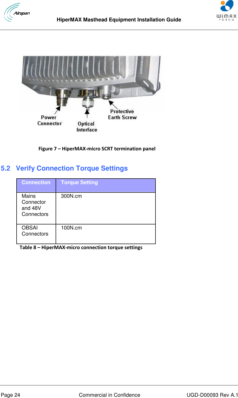  HiperMAX Masthead Equipment Installation Guide      Page 24  Commercial in Confidence  UGD-D00093 Rev A.1   Figure 7 – HiperMAX-micro SCRT termination panel  5.2  Verify Connection Torque Settings Connection Torque Setting Mains Connector and 48V Connectors 300N.cm OBSAI Connectors 100N.cm Table 8 – HiperMAX-micro connection torque settings  