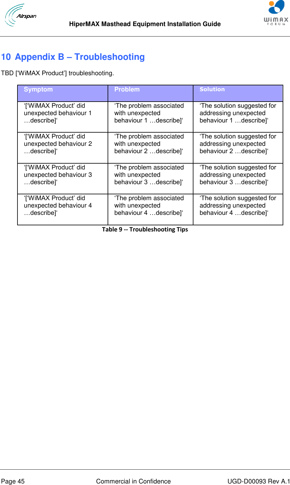  HiperMAX Masthead Equipment Installation Guide      Page 45  Commercial in Confidence  UGD-D00093 Rev A.1 10 Appendix B – Troubleshooting TBD [‘WiMAX Product’] troubleshooting. Symptom Problem Solution   ‘[‘WiMAX Product’ did unexpected behaviour 1 …describe]‘ ‘The problem associated with unexpected behaviour 1 …describe]‘ ‘The solution suggested for addressing unexpected behaviour 1 …describe]‘ ‘[‘WiMAX Product’ did unexpected behaviour 2 …describe]‘  ‘The problem associated with unexpected behaviour 2 …describe]‘  ‘The solution suggested for addressing unexpected behaviour 2 …describe]‘ ‘[‘WiMAX Product’ did unexpected behaviour 3 …describe]‘  ‘The problem associated with unexpected behaviour 3 …describe]‘ ‘The solution suggested for addressing unexpected behaviour 3 …describe]‘ ‘[‘WiMAX Product’ did unexpected behaviour 4 …describe]‘ ‘The problem associated with unexpected behaviour 4 …describe]‘ ‘The solution suggested for addressing unexpected behaviour 4 …describe]‘ Table 9 -- Troubleshooting Tips   