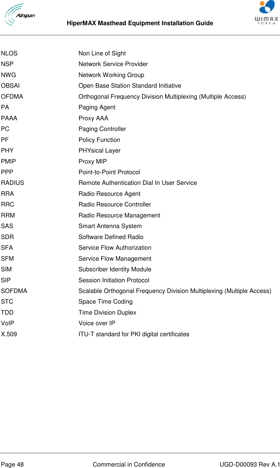  HiperMAX Masthead Equipment Installation Guide      Page 48  Commercial in Confidence  UGD-D00093 Rev A.1 NLOS Non Line of Sight NSP Network Service Provider NWG Network Working Group OBSAI Open Base Station Standard Initiative OFDMA Orthogonal Frequency Division Multiplexing (Multiple Access) PA Paging Agent PAAA Proxy AAA PC Paging Controller PF Policy Function PHY PHYsical Layer PMIP Proxy MIP PPP Point-to-Point Protocol RADIUS Remote Authentication Dial In User Service RRA Radio Resource Agent RRC Radio Resource Controller RRM Radio Resource Management SAS Smart Antenna System SDR Software Defined Radio SFA Service Flow Authorization SFM Service Flow Management SIM Subscriber Identity Module SIP Session Initiation Protocol SOFDMA Scalable Orthogonal Frequency Division Multiplexing (Multiple Access) STC Space Time Coding TDD Time Division Duplex VoIP Voice over IP X.509 ITU-T standard for PKI digital certificates    