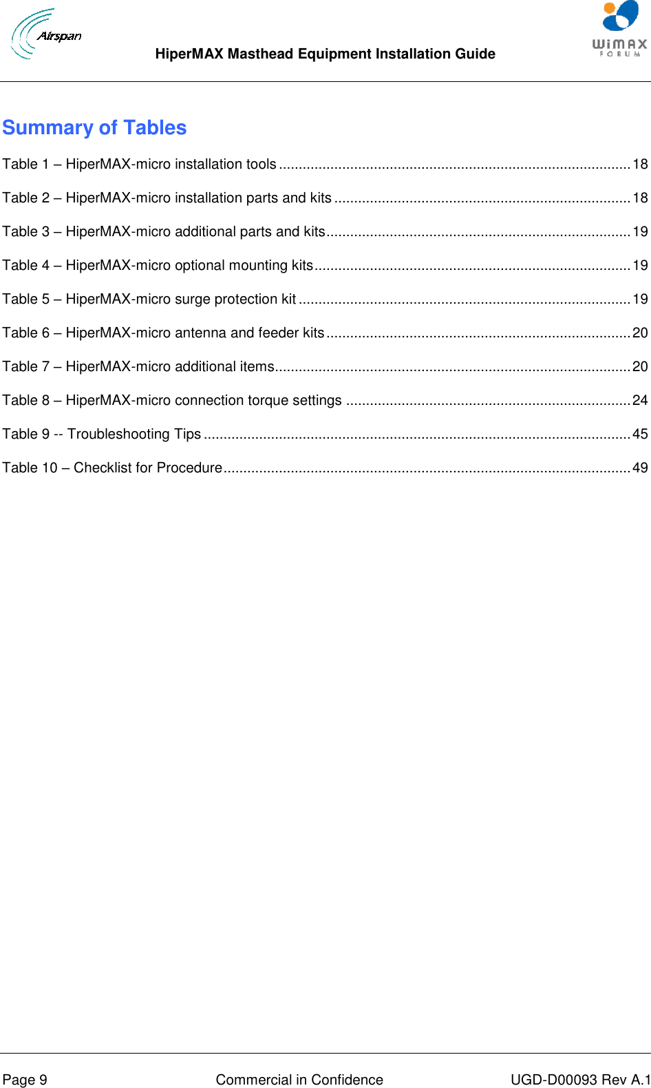  HiperMAX Masthead Equipment Installation Guide      Page 9  Commercial in Confidence  UGD-D00093 Rev A.1 Summary of Tables Table 1 – HiperMAX-micro installation tools ......................................................................................... 18 Table 2 – HiperMAX-micro installation parts and kits ........................................................................... 18 Table 3 – HiperMAX-micro additional parts and kits ............................................................................. 19 Table 4 – HiperMAX-micro optional mounting kits ................................................................................ 19 Table 5 – HiperMAX-micro surge protection kit .................................................................................... 19 Table 6 – HiperMAX-micro antenna and feeder kits ............................................................................. 20 Table 7 – HiperMAX-micro additional items .......................................................................................... 20 Table 8 – HiperMAX-micro connection torque settings ........................................................................ 24 Table 9 -- Troubleshooting Tips ............................................................................................................ 45 Table 10 – Checklist for Procedure ....................................................................................................... 49   