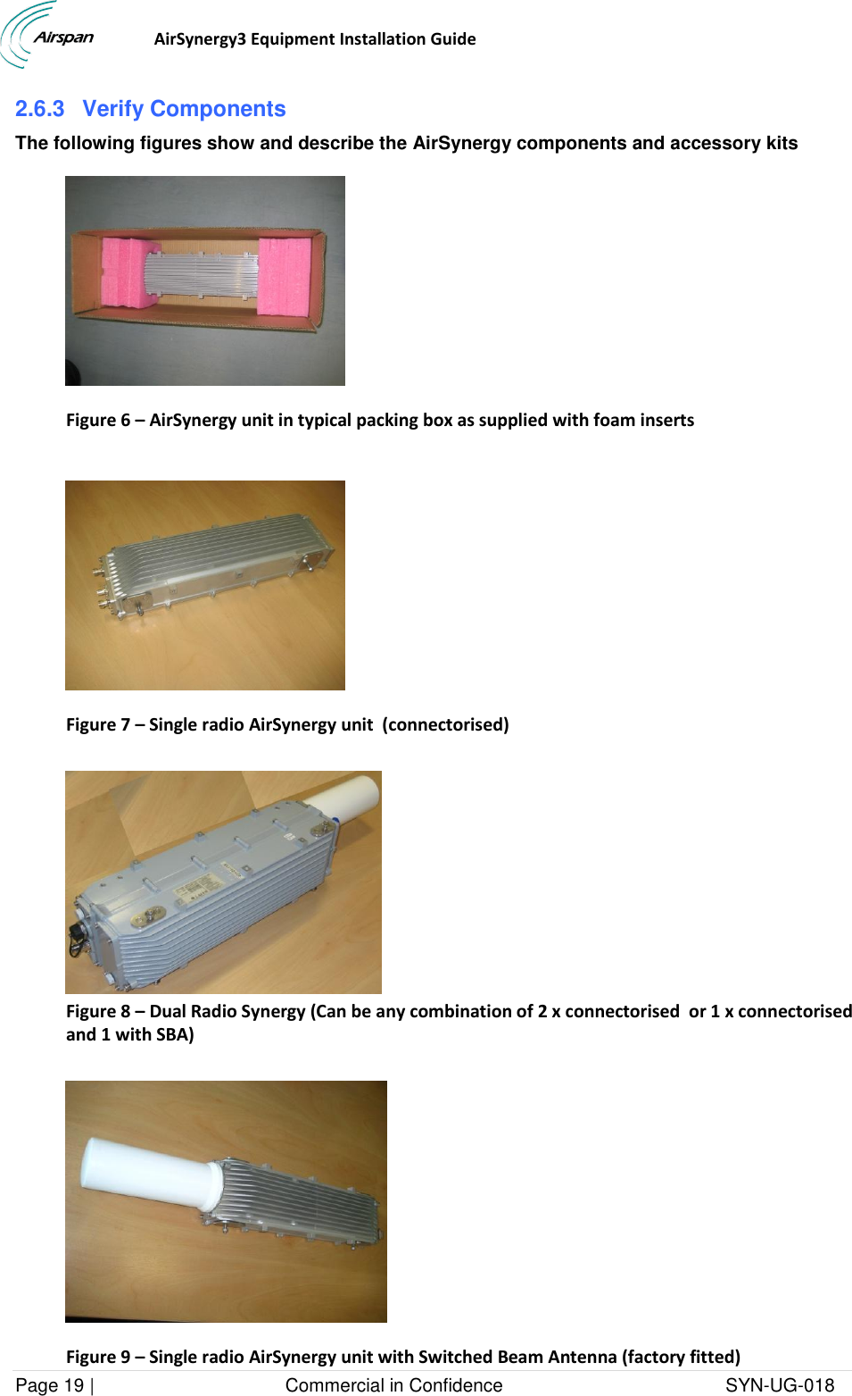                                  AirSynergy3 Equipment Installation Guide Page 19 |                                     Commercial in Confidence                                           SYN-UG-018  2.6.3  Verify Components The following figures show and describe the AirSynergy components and accessory kits  Figure 6 – AirSynergy unit in typical packing box as supplied with foam inserts   Figure 7 – Single radio AirSynergy unit  (connectorised)    Figure 8 – Dual Radio Synergy (Can be any combination of 2 x connectorised  or 1 x connectorised and 1 with SBA)   Figure 9 – Single radio AirSynergy unit with Switched Beam Antenna (factory fitted) 