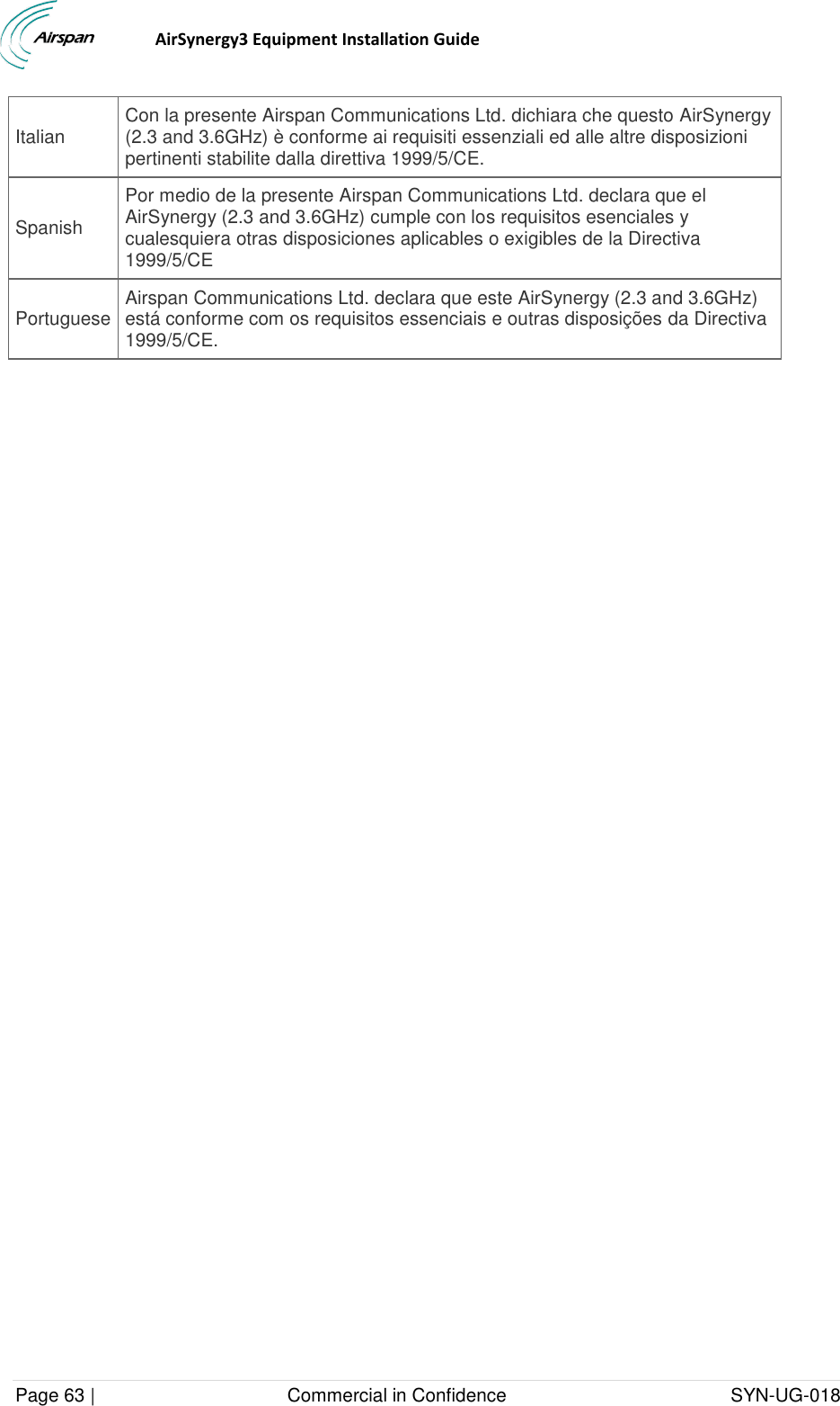                                  AirSynergy3 Equipment Installation Guide Page 63 |                                     Commercial in Confidence                                           SYN-UG-018  Italian Con la presente Airspan Communications Ltd. dichiara che questo AirSynergy (2.3 and 3.6GHz) è conforme ai requisiti essenziali ed alle altre disposizioni pertinenti stabilite dalla direttiva 1999/5/CE. Spanish Por medio de la presente Airspan Communications Ltd. declara que el AirSynergy (2.3 and 3.6GHz) cumple con los requisitos esenciales y cualesquiera otras disposiciones aplicables o exigibles de la Directiva 1999/5/CE Portuguese Airspan Communications Ltd. declara que este AirSynergy (2.3 and 3.6GHz) está conforme com os requisitos essenciais e outras disposições da Directiva 1999/5/CE.  