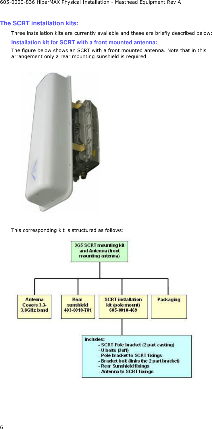 605-0000-836 HiperMAX Physical Installation - Masthead Equipment Rev A 6 The SCRT installation kits: Three installation kits are currently available and these are briefly described below: Installation kit for SCRT with a front mounted antenna: The figure below shows an SCRT with a front mounted antenna. Note that in this arrangement only a rear mounting sunshield is required.     This corresponding kit is structured as follows:  