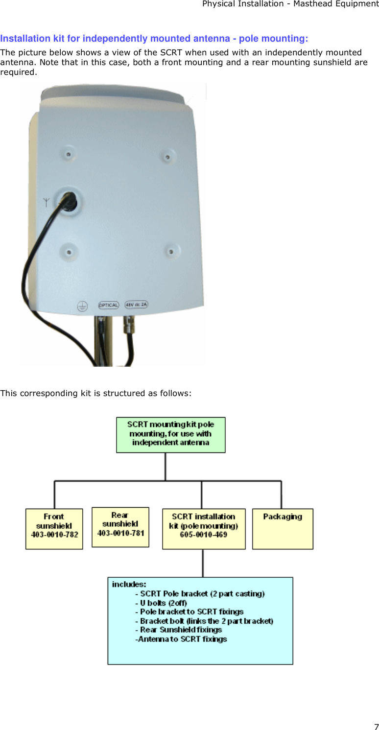 Physical Installation - Masthead Equipment 7 Installation kit for independently mounted antenna - pole mounting: The picture below shows a view of the SCRT when used with an independently mounted antenna. Note that in this case, both a front mounting and a rear mounting sunshield are required.   This corresponding kit is structured as follows:    