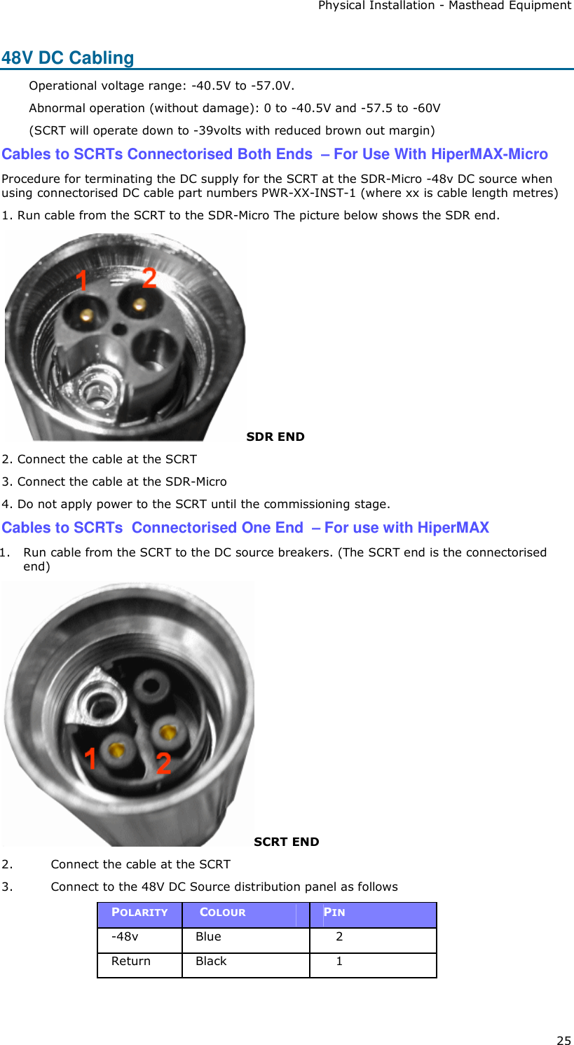 Physical Installation - Masthead Equipment 25 48V DC Cabling Operational voltage range: -40.5V to -57.0V. Abnormal operation (without damage): 0 to -40.5V and -57.5 to -60V (SCRT will operate down to -39volts with reduced brown out margin) Cables to SCRTs Connectorised Both Ends  – For Use With HiperMAX-Micro Procedure for terminating the DC supply for the SCRT at the SDR-Micro -48v DC source when using connectorised DC cable part numbers PWR-XX-INST-1 (where xx is cable length metres) 1. Run cable from the SCRT to the SDR-Micro The picture below shows the SDR end.  SDR END 2. Connect the cable at the SCRT 3. Connect the cable at the SDR-Micro 4. Do not apply power to the SCRT until the commissioning stage. Cables to SCRTs  Connectorised One End  – For use with HiperMAX 1. Run cable from the SCRT to the DC source breakers. (The SCRT end is the connectorised end) SCRT END 2. Connect the cable at the SCRT 3. Connect to the 48V DC Source distribution panel as follows POLARITY   COLOUR  PIN  -48v  Blue      2 Return  Black     1 