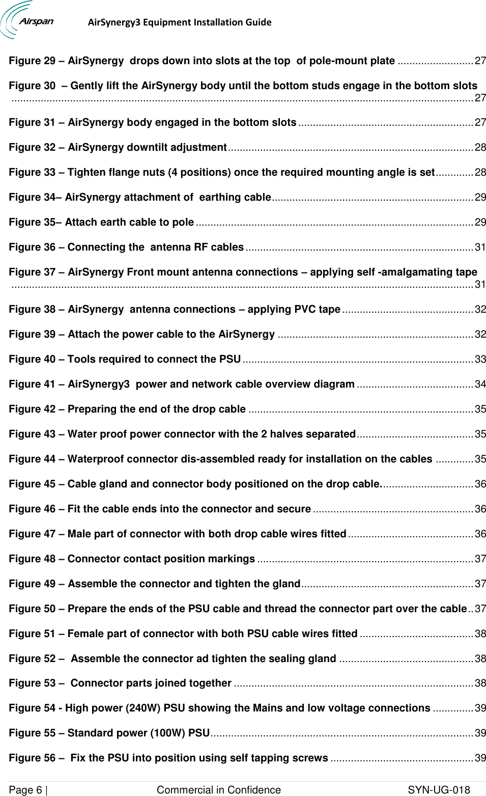                                  AirSynergy3 Equipment Installation Guide Page 6 |                                     Commercial in Confidence                                           SYN-UG-018  Figure 29 – AirSynergy  drops down into slots at the top  of pole-mount plate .......................... 27 Figure 30  – Gently lift the AirSynergy body until the bottom studs engage in the bottom slots .............................................................................................................................................................. 27 Figure 31 – AirSynergy body engaged in the bottom slots ............................................................ 27 Figure 32 – AirSynergy downtilt adjustment .................................................................................... 28 Figure 33 – Tighten flange nuts (4 positions) once the required mounting angle is set ............. 28 Figure 34– AirSynergy attachment of  earthing cable ..................................................................... 29 Figure 35– Attach earth cable to pole ............................................................................................... 29 Figure 36 – Connecting the  antenna RF cables .............................................................................. 31 Figure 37 – AirSynergy Front mount antenna connections – applying self -amalgamating tape .............................................................................................................................................................. 31 Figure 38 – AirSynergy  antenna connections – applying PVC tape ............................................. 32 Figure 39 – Attach the power cable to the AirSynergy ................................................................... 32 Figure 40 – Tools required to connect the PSU ............................................................................... 33 Figure 41 – AirSynergy3  power and network cable overview diagram ........................................ 34 Figure 42 – Preparing the end of the drop cable ............................................................................. 35 Figure 43 – Water proof power connector with the 2 halves separated ........................................ 35 Figure 44 – Waterproof connector dis-assembled ready for installation on the cables ............. 35 Figure 45 – Cable gland and connector body positioned on the drop cable. ............................... 36 Figure 46 – Fit the cable ends into the connector and secure ....................................................... 36 Figure 47 – Male part of connector with both drop cable wires fitted ........................................... 36 Figure 48 – Connector contact position markings .......................................................................... 37 Figure 49 – Assemble the connector and tighten the gland ........................................................... 37 Figure 50 – Prepare the ends of the PSU cable and thread the connector part over the cable .. 37 Figure 51 – Female part of connector with both PSU cable wires fitted ....................................... 38 Figure 52 –  Assemble the connector ad tighten the sealing gland .............................................. 38 Figure 53 –  Connector parts joined together .................................................................................. 38 Figure 54 - High power (240W) PSU showing the Mains and low voltage connections .............. 39 Figure 55 – Standard power (100W) PSU .......................................................................................... 39 Figure 56 –  Fix the PSU into position using self tapping screws ................................................. 39 