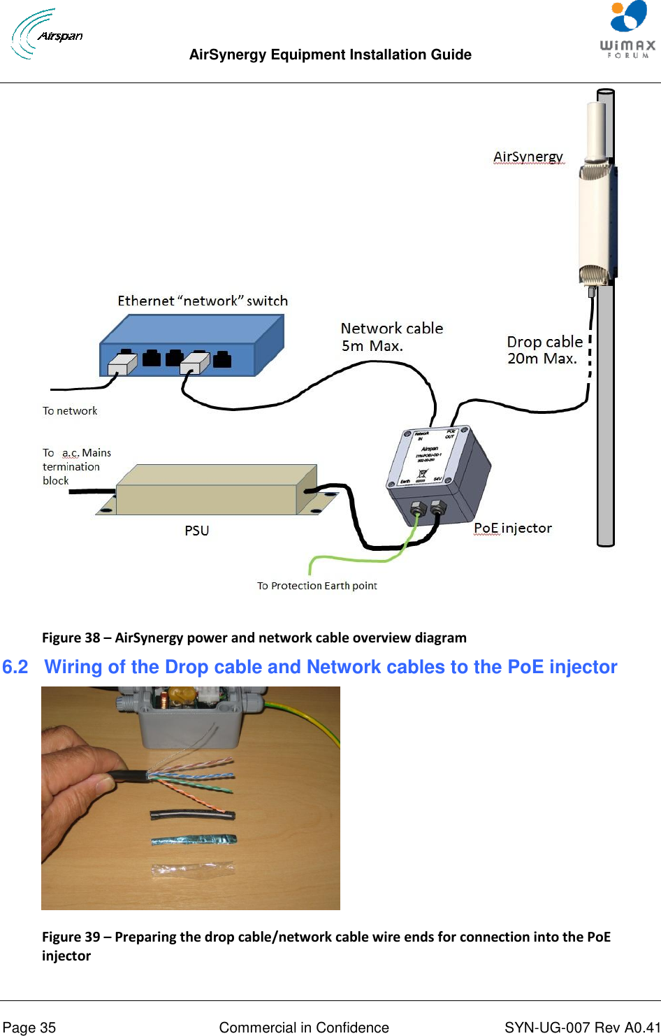  AirSynergy Equipment Installation Guide     Page 35  Commercial in Confidence  SYN-UG-007 Rev A0.41            Figure 38 – AirSynergy power and network cable overview diagram 6.2 Wiring of the Drop cable and Network cables to the PoE injector  Figure 39 – Preparing the drop cable/network cable wire ends for connection into the PoE injector 