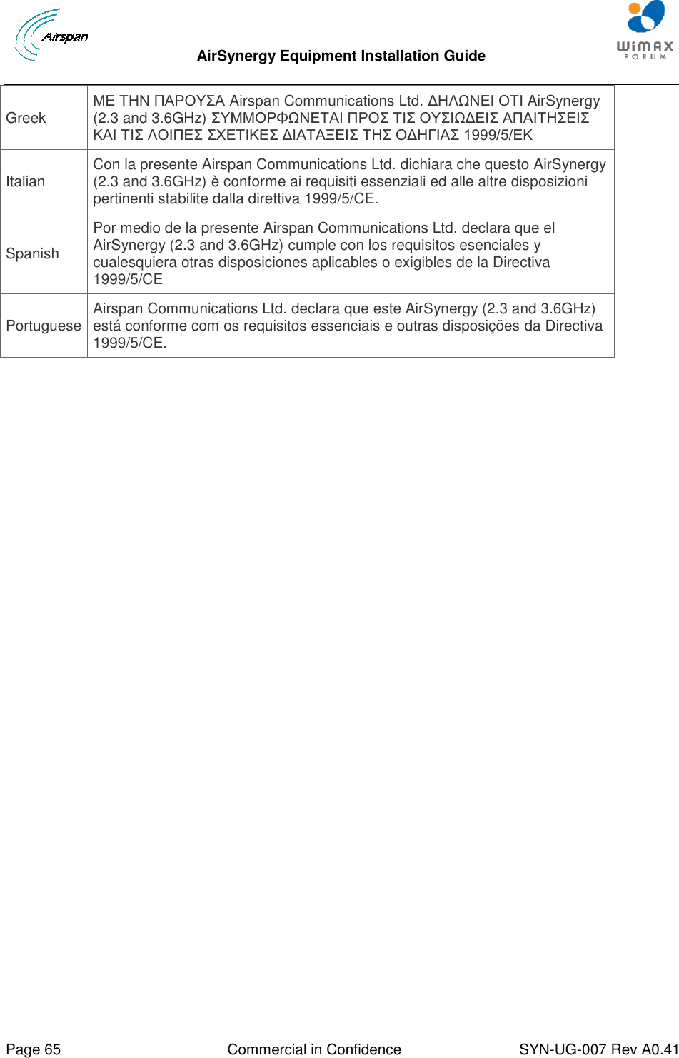  AirSynergy Equipment Installation Guide     Page 65  Commercial in Confidence  SYN-UG-007 Rev A0.41   Greek ΜΕ ΤΗΝ ΠΑΡΟΥΣΑ Airspan Communications Ltd. ΔΗΛΩΝΕΙ ΟΤΙ AirSynergy (2.3 and 3.6GHz) ΣΥΜΜΟΡΦΩΝΕΤΑΙ ΠΡΟΣ ΤΙΣ ΟΥΣΙΩΔΕΙΣ ΑΠΑΙΤΗΣΕΙΣ ΚΑΙ ΤΙΣ ΛΟΙΠΕΣ ΣΧΕΤΙΚΕΣ ΔΙΑΤΑΞΕΙΣ ΤΗΣ ΟΔΗΓΙΑΣ 1999/5/ΕΚ Italian Con la presente Airspan Communications Ltd. dichiara che questo AirSynergy (2.3 and 3.6GHz) è conforme ai requisiti essenziali ed alle altre disposizioni pertinenti stabilite dalla direttiva 1999/5/CE. Spanish Por medio de la presente Airspan Communications Ltd. declara que el AirSynergy (2.3 and 3.6GHz) cumple con los requisitos esenciales y cualesquiera otras disposiciones aplicables o exigibles de la Directiva 1999/5/CE Portuguese Airspan Communications Ltd. declara que este AirSynergy (2.3 and 3.6GHz) está conforme com os requisitos essenciais e outras disposições da Directiva 1999/5/CE.  