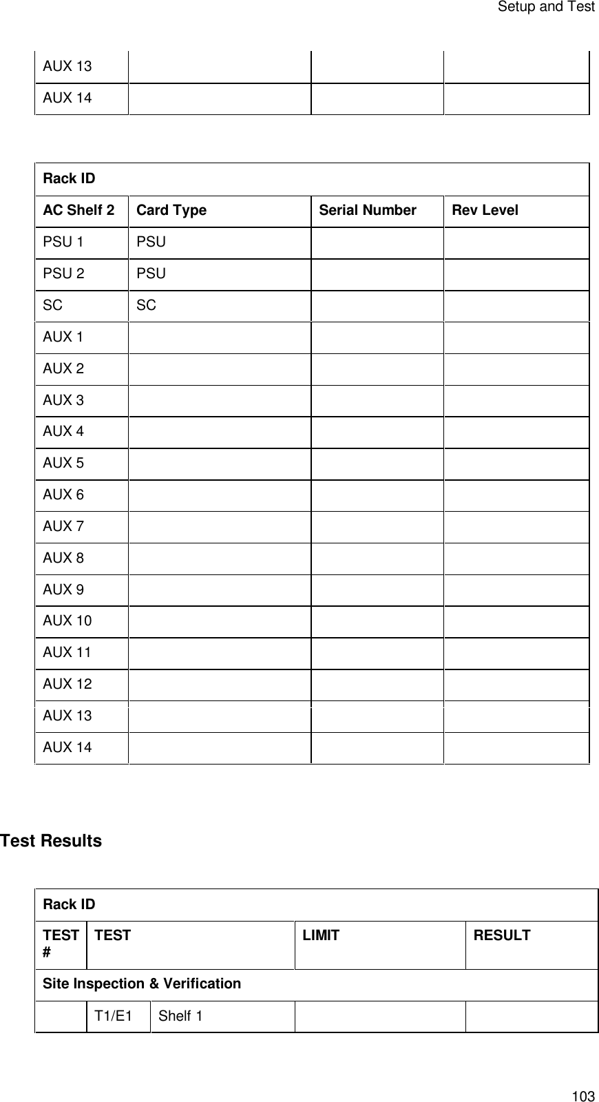 Setup and Test 103 AUX 13       AUX 14         Rack ID AC Shelf 2 Card Type Serial Number Rev Level PSU 1 PSU     PSU 2 PSU     SC SC     AUX 1       AUX 2       AUX 3       AUX 4       AUX 5       AUX 6       AUX 7       AUX 8       AUX 9       AUX 10       AUX 11       AUX 12       AUX 13       AUX 14         Test Results  Rack ID TEST # TEST LIMIT RESULT Site Inspection &amp; Verification   T1/E1  Shelf 1     