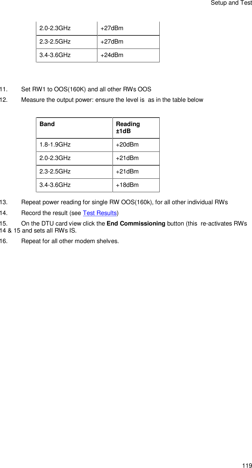 Setup and Test 119 2.0-2.3GHz +27dBm 2.3-2.5GHz +27dBm 3.4-3.6GHz +24dBm    11. Set RW1 to OOS(160K) and all other RWs OOS 12.  Measure the output power: ensure the level is  as in the table below  Band Reading ±1dB 1.8-1.9GHz +20dBm 2.0-2.3GHz +21dBm 2.3-2.5GHz +21dBm 3.4-3.6GHz +18dBm 13. Repeat power reading for single RW OOS(160k), for all other individual RWs 14. Record the result (see Test Results) 15. On the DTU card view click the End Commissioning button (this  re-activates RWs 14 &amp; 15 and sets all RWs IS. 16. Repeat for all other modem shelves. 