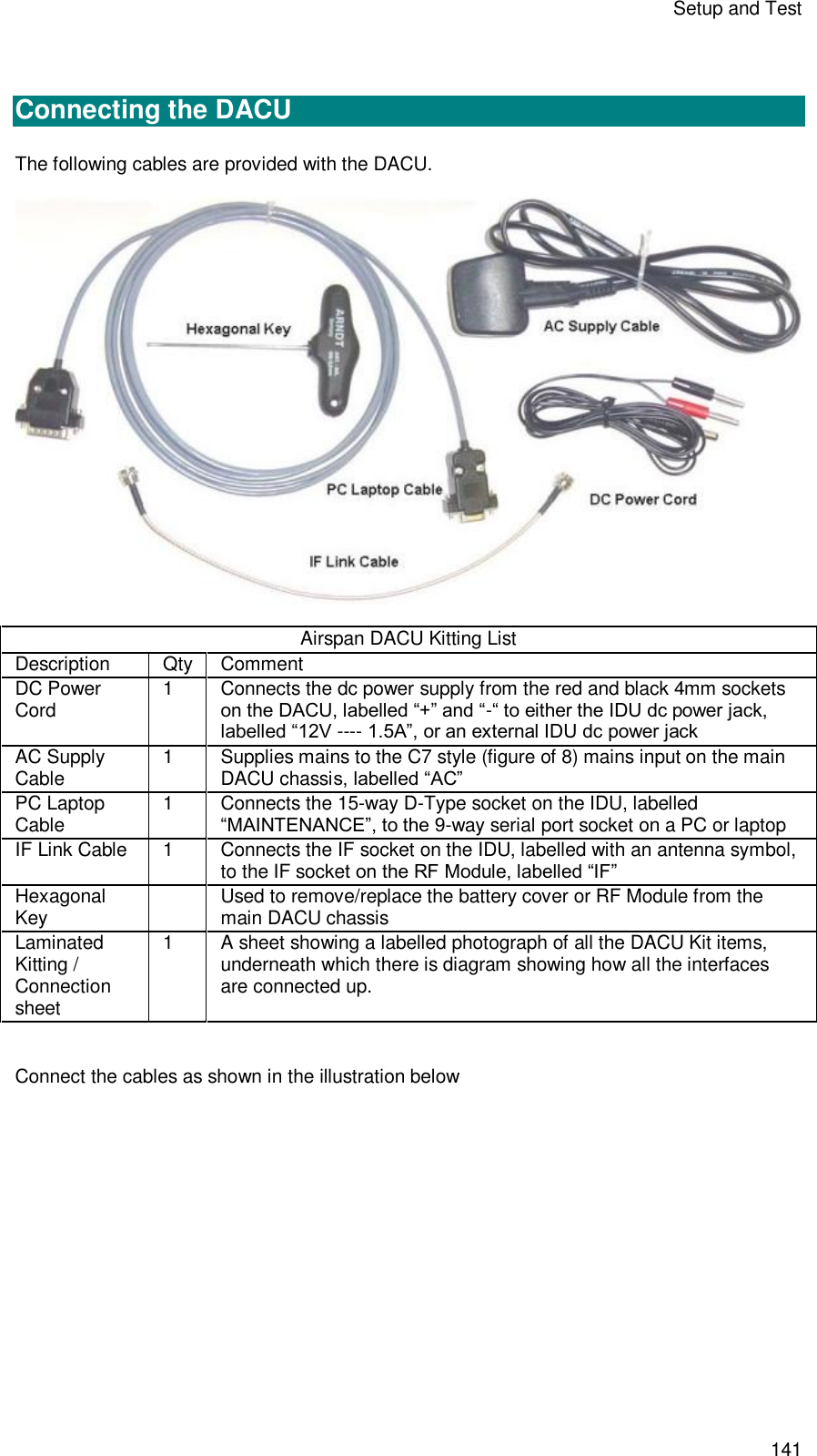 Setup and Test 141   Connecting the DACU  The following cables are provided with the DACU.    Airspan DACU Kitting List Description Qty Comment DC Power Cord 1  Connects the dc power supply from the red and black 4mm sockets on the DACU, labelled “+” and “-“ to either the IDU dc power jack, labelled “12V ---- 1.5A”, or an external IDU dc power jack  AC Supply Cable 1  Supplies mains to the C7 style (figure of 8) mains input on the main DACU chassis, labelled “AC” PC Laptop Cable 1  Connects the 15-way D-Type socket on the IDU, labelled “MAINTENANCE”, to the 9-way serial port socket on a PC or laptop IF Link Cable  1  Connects the IF socket on the IDU, labelled with an antenna symbol, to the IF socket on the RF Module, labelled “IF” Hexagonal Key  Used to remove/replace the battery cover or RF Module from the main DACU chassis Laminated Kitting / Connection sheet 1  A sheet showing a labelled photograph of all the DACU Kit items, underneath which there is diagram showing how all the interfaces are connected up.   Connect the cables as shown in the illustration below  