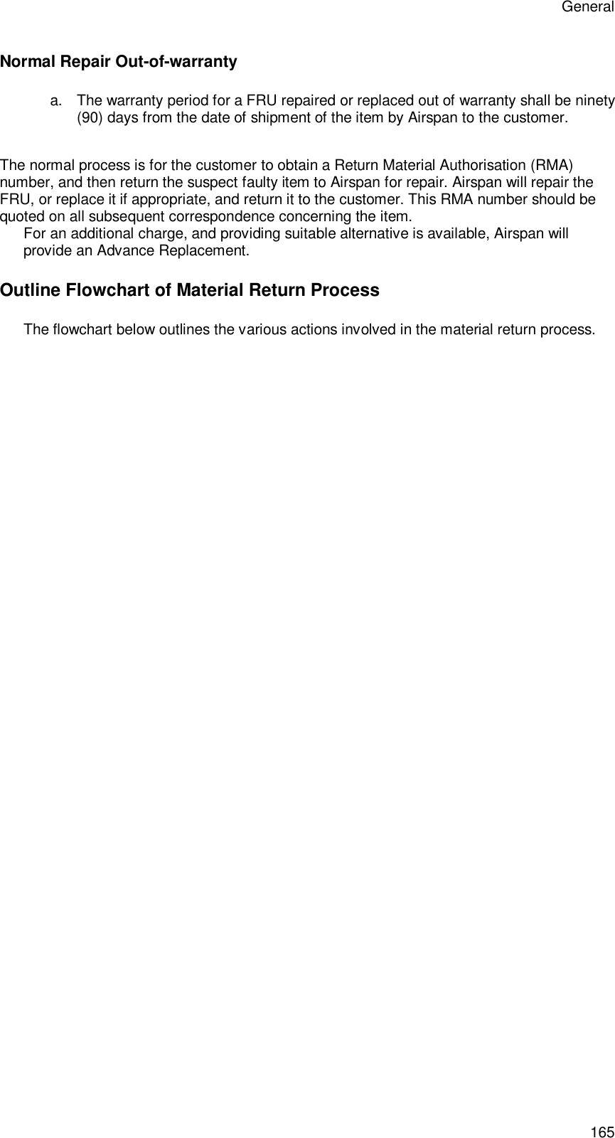 General 165 Normal Repair Out-of-warranty a. The warranty period for a FRU repaired or replaced out of warranty shall be ninety (90) days from the date of shipment of the item by Airspan to the customer.  Repair and Return Procedure The normal process is for the customer to obtain a Return Material Authorisation (RMA) number, and then return the suspect faulty item to Airspan for repair. Airspan will repair the FRU, or replace it if appropriate, and return it to the customer. This RMA number should be quoted on all subsequent correspondence concerning the item. For an additional charge, and providing suitable alternative is available, Airspan will provide an Advance Replacement. Outline Flowchart of Material Return Process The flowchart below outlines the various actions involved in the material return process. 