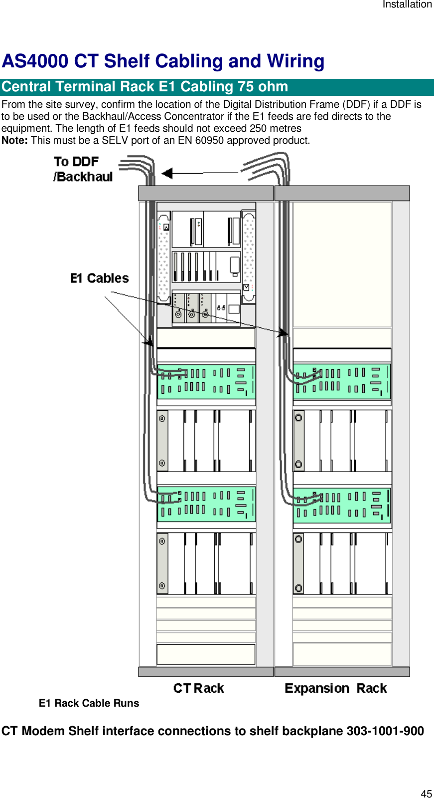 Installation 45 AS4000 CT Shelf Cabling and Wiring  Central Terminal Rack E1 Cabling 75 ohm From the site survey, confirm the location of the Digital Distribution Frame (DDF) if a DDF is to be used or the Backhaul/Access Concentrator if the E1 feeds are fed directs to the equipment. The length of E1 feeds should not exceed 250 metres Note: This must be a SELV port of an EN 60950 approved product.  E1 Rack Cable Runs CT Modem Shelf interface connections to shelf backplane 303-1001-900 