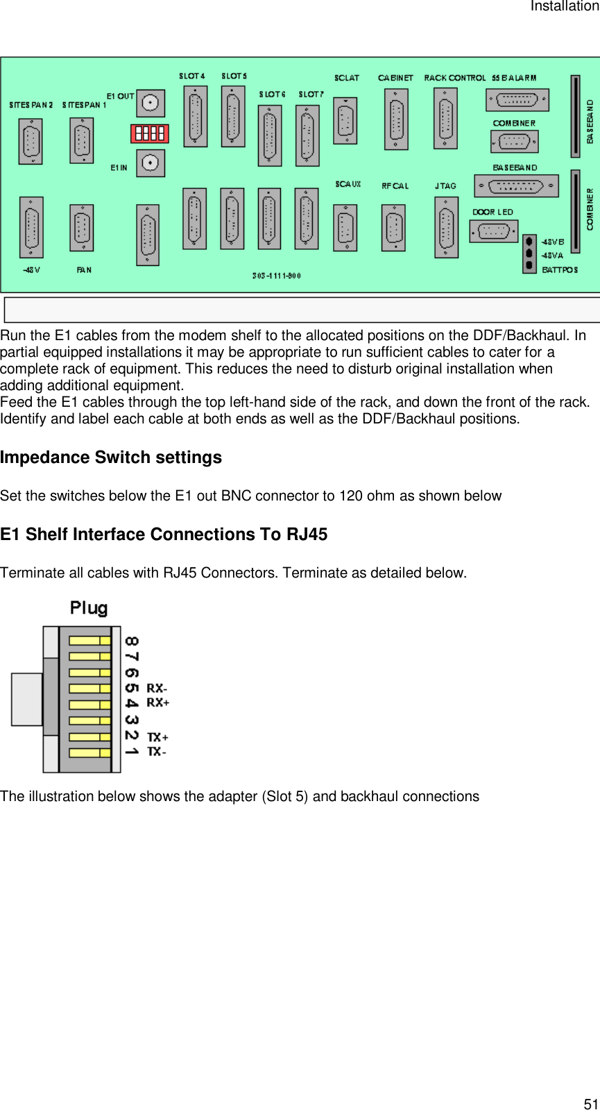 Installation 51  Run the E1 cables from the modem shelf to the allocated positions on the DDF/Backhaul. In partial equipped installations it may be appropriate to run sufficient cables to cater for a complete rack of equipment. This reduces the need to disturb original installation when adding additional equipment. Feed the E1 cables through the top left-hand side of the rack, and down the front of the rack. Identify and label each cable at both ends as well as the DDF/Backhaul positions. Impedance Switch settings Set the switches below the E1 out BNC connector to 120 ohm as shown below E1 Shelf Interface Connections To RJ45 Terminate all cables with RJ45 Connectors. Terminate as detailed below.  The illustration below shows the adapter (Slot 5) and backhaul connections  