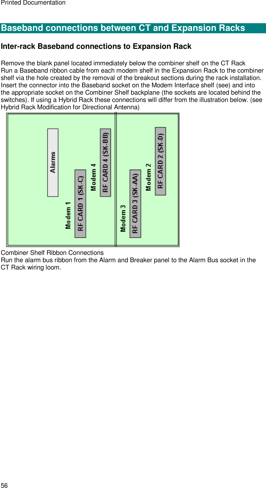 Printed Documentation 56  Baseband connections between CT and Expansion Racks Inter-rack Baseband connections to Expansion Rack  Remove the blank panel located immediately below the combiner shelf on the CT Rack Run a Baseband ribbon cable from each modem shelf in the Expansion Rack to the combiner shelf via the hole created by the removal of the breakout sections during the rack installation. Insert the connector into the Baseband socket on the Modem Interface shelf (see) and into the appropriate socket on the Combiner Shelf backplane (the sockets are located behind the switches). If using a Hybrid Rack these connections will differ from the illustration below. (see Hybrid Rack Modification for Directional Antenna)    Combiner Shelf Ribbon Connections Run the alarm bus ribbon from the Alarm and Breaker panel to the Alarm Bus socket in the CT Rack wiring loom.   