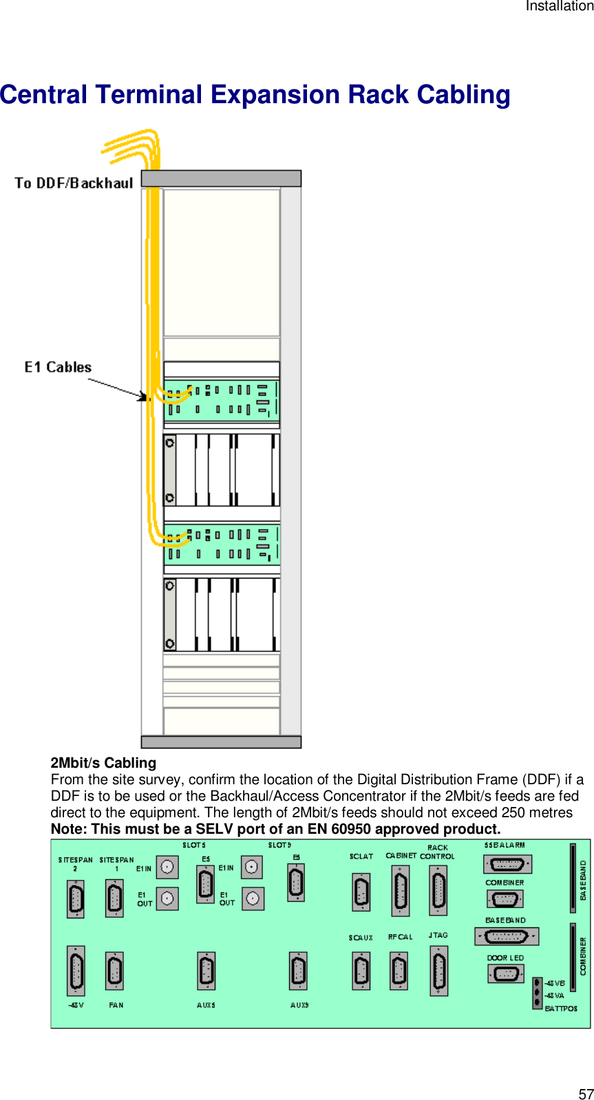 Installation 57 Expansion Rack Cabling Central Terminal Expansion Rack Cabling  2Mbit/s Cabling From the site survey, confirm the location of the Digital Distribution Frame (DDF) if a DDF is to be used or the Backhaul/Access Concentrator if the 2Mbit/s feeds are fed direct to the equipment. The length of 2Mbit/s feeds should not exceed 250 metres Note: This must be a SELV port of an EN 60950 approved product.  