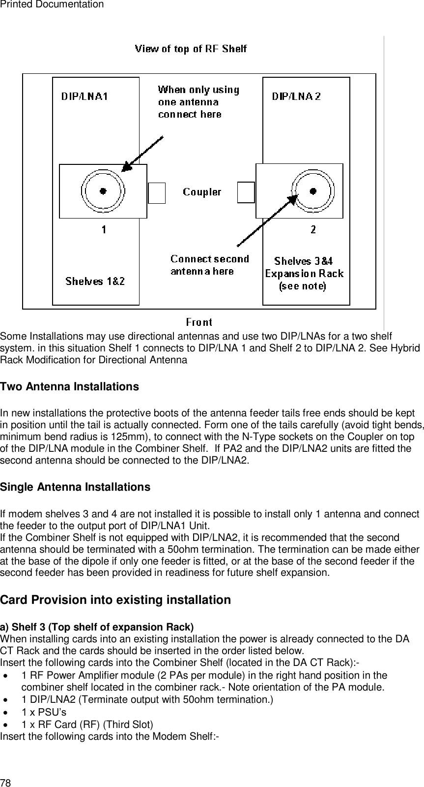 Printed Documentation 78  Some Installations may use directional antennas and use two DIP/LNAs for a two shelf system. in this situation Shelf 1 connects to DIP/LNA 1 and Shelf 2 to DIP/LNA 2. See Hybrid Rack Modification for Directional Antenna Two Antenna Installations In new installations the protective boots of the antenna feeder tails free ends should be kept in position until the tail is actually connected. Form one of the tails carefully (avoid tight bends, minimum bend radius is 125mm), to connect with the N-Type sockets on the Coupler on top of the DIP/LNA module in the Combiner Shelf.  If PA2 and the DIP/LNA2 units are fitted the second antenna should be connected to the DIP/LNA2.  Single Antenna Installations If modem shelves 3 and 4 are not installed it is possible to install only 1 antenna and connect the feeder to the output port of DIP/LNA1 Unit. If the Combiner Shelf is not equipped with DIP/LNA2, it is recommended that the second antenna should be terminated with a 50ohm termination. The termination can be made either at the base of the dipole if only one feeder is fitted, or at the base of the second feeder if the second feeder has been provided in readiness for future shelf expansion. Card Provision into existing installation a) Shelf 3 (Top shelf of expansion Rack) When installing cards into an existing installation the power is already connected to the DA CT Rack and the cards should be inserted in the order listed below. Insert the following cards into the Combiner Shelf (located in the DA CT Rack):-  1 RF Power Amplifier module (2 PAs per module) in the right hand position in the combiner shelf located in the combiner rack.- Note orientation of the PA module.  1 DIP/LNA2 (Terminate output with 50ohm termination.)  1 x PSU’s  1 x RF Card (RF) (Third Slot) Insert the following cards into the Modem Shelf:- 