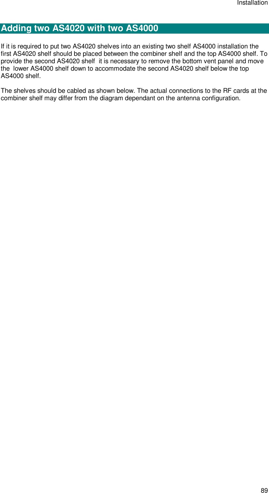 Installation 89  Adding two AS4020 with two AS4000  If it is required to put two AS4020 shelves into an existing two shelf AS4000 installation the first AS4020 shelf should be placed between the combiner shelf and the top AS4000 shelf. To provide the second AS4020 shelf  it is necessary to remove the bottom vent panel and move the  lower AS4000 shelf down to accommodate the second AS4020 shelf below the top AS4000 shelf.  The shelves should be cabled as shown below. The actual connections to the RF cards at the combiner shelf may differ from the diagram dependant on the antenna configuration.   