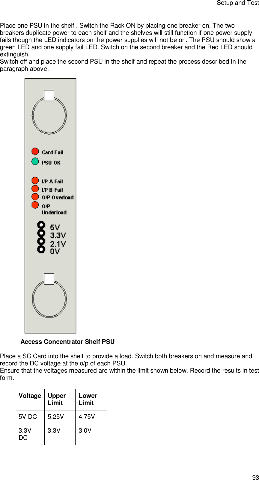 Setup and Test 93 Place one PSU in the shelf . Switch the Rack ON by placing one breaker on. The two breakers duplicate power to each shelf and the shelves will still function if one power supply fails though the LED indicators on the power supplies will not be on. The PSU should show a green LED and one supply fail LED. Switch on the second breaker and the Red LED should extinguish.  Switch off and place the second PSU in the shelf and repeat the process described in the paragraph above.   Access Concentrator Shelf PSU  Place a SC Card into the shelf to provide a load. Switch both breakers on and measure and record the DC voltage at the o/p of each PSU. Ensure that the voltages measured are within the limit shown below. Record the results in test form.  Voltage Upper Limit Lower Limit 5V DC 5.25V 4.75V 3.3V DC 3.3V 3.0V 