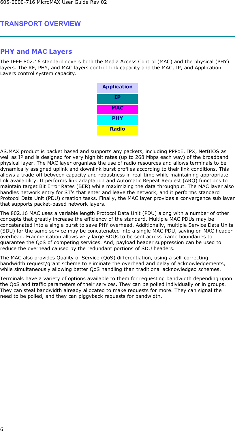 605-0000-716 MicroMAX User Guide Rev 02 6 TRANSPORT OVERVIEW   PHY and MAC Layers The IEEE 802.16 standard covers both the Media Access Control (MAC) and the physical (PHY) layers. The RF, PHY, and MAC layers control Link capacity and the MAC, IP, and Application Layers control system capacity. Application IP MAC PHY Radio  AS.MAX product is packet based and supports any packets, including PPPoE, IPX, NetBIOS as well as IP and is designed for very high bit rates (up to 268 Mbps each way) of the broadband physical layer. The MAC layer organises the use of radio resources and allows terminals to be dynamically assigned uplink and downlink burst profiles according to their link conditions. This allows a trade-off between capacity and robustness in real-time while maintaining appropriate link availability. It performs link adaptation and Automatic Repeat Request (ARQ) functions to maintain target Bit Error Rates (BER) while maximizing the data throughput. The MAC layer also handles network entry for ST’s that enter and leave the network, and it performs standard Protocol Data Unit (PDU) creation tasks. Finally, the MAC layer provides a convergence sub layer that supports packet-based network layers.  The 802.16 MAC uses a variable length Protocol Data Unit (PDU) along with a number of other concepts that greatly increase the efficiency of the standard. Multiple MAC PDUs may be concatenated into a single burst to save PHY overhead. Additionally, multiple Service Data Units (SDU) for the same service may be concatenated into a single MAC PDU, saving on MAC header overhead. Fragmentation allows very large SDUs to be sent across frame boundaries to guarantee the QoS of competing services. And, payload header suppression can be used to reduce the overhead caused by the redundant portions of SDU headers. The MAC also provides Quality of Service (QoS) differentiation, using a self-correcting bandwidth request/grant scheme to eliminate the overhead and delay of acknowledgements, while simultaneously allowing better QoS handling than traditional acknowledged schemes.  Terminals have a variety of options available to them for requesting bandwidth depending upon the QoS and traffic parameters of their services. They can be polled individually or in groups. They can steal bandwidth already allocated to make requests for more. They can signal the need to be polled, and they can piggyback requests for bandwidth. 