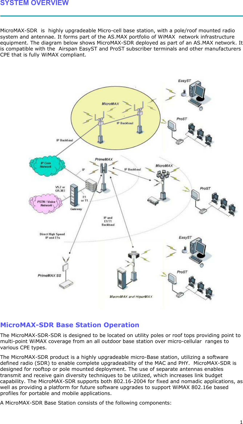  1 SYSTEM OVERVIEW   MicroMAX-SDR  is  highly upgradeable Micro-cell base station, with a pole/roof mounted radio system and antennae. It forms part of the AS.MAX portfolio of WiMAX  network infrastructure equipment. The diagram below shows MicroMAX-SDR deployed as part of an AS.MAX network. It is compatible with the  Airspan EasyST and ProST subscriber terminals and other manufacturers CPE that is fully WiMAX compliant.   MicroMAX-SDR Base Station Operation The MicroMAX-SDR-SDR is designed to be located on utility poles or roof tops providing point to multi-point WiMAX coverage from an all outdoor base station over micro-cellular  ranges to various CPE types. The MicroMAX-SDR product is a highly upgradeable micro-Base station, utilizing a software defined radio (SDR) to enable complete upgradeability of the MAC and PHY.  MicroMAX-SDR is designed for rooftop or pole mounted deployment. The use of separate antennas enables transmit and receive gain diversity techniques to be utilized, which increases link budget capability. The MicroMAX-SDR supports both 802.16-2004 for fixed and nomadic applications, as well as providing a platform for future software upgrades to support WiMAX 802.16e based profiles for portable and mobile applications. A MicroMAX-SDR Base Station consists of the following components: 