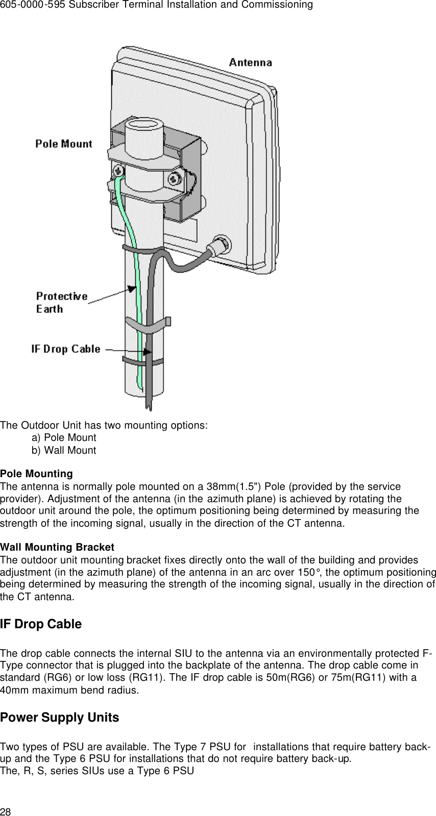 605-0000-595 Subscriber Terminal Installation and Commissioning 28  The Outdoor Unit has two mounting options: a) Pole Mount b) Wall Mount  Pole Mounting The antenna is normally pole mounted on a 38mm(1.5&quot;) Pole (provided by the service provider). Adjustment of the antenna (in the azimuth plane) is achieved by rotating the outdoor unit around the pole, the optimum positioning being determined by measuring the strength of the incoming signal, usually in the direction of the CT antenna.  Wall Mounting Bracket The outdoor unit mounting bracket fixes directly onto the wall of the building and provides adjustment (in the azimuth plane) of the antenna in an arc over 150°, the optimum positioning being determined by measuring the strength of the incoming signal, usually in the direction of the CT antenna. IF Drop Cable The drop cable connects the internal SIU to the antenna via an environmentally protected F-Type connector that is plugged into the backplate of the antenna. The drop cable come in standard (RG6) or low loss (RG11). The IF drop cable is 50m(RG6) or 75m(RG11) with a 40mm maximum bend radius. Power Supply Units Two types of PSU are available. The Type 7 PSU for  installations that require battery back-up and the Type 6 PSU for installations that do not require battery back-up. The, R, S, series SIUs use a Type 6 PSU 