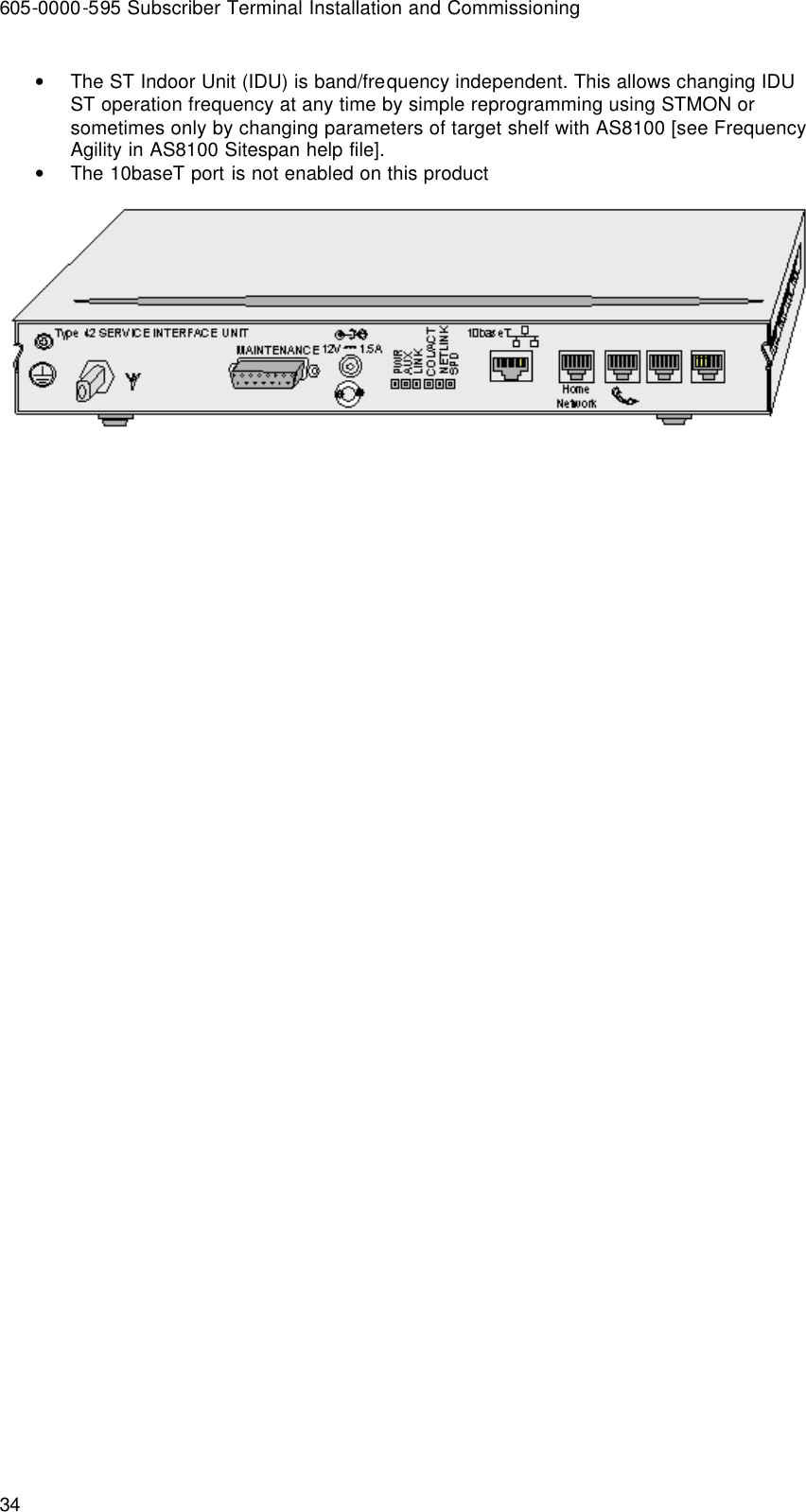 605-0000-595 Subscriber Terminal Installation and Commissioning 34 • The ST Indoor Unit (IDU) is band/frequency independent. This allows changing IDU ST operation frequency at any time by simple reprogramming using STMON or sometimes only by changing parameters of target shelf with AS8100 [see Frequency Agility in AS8100 Sitespan help file].  • The 10baseT port is not enabled on this product  