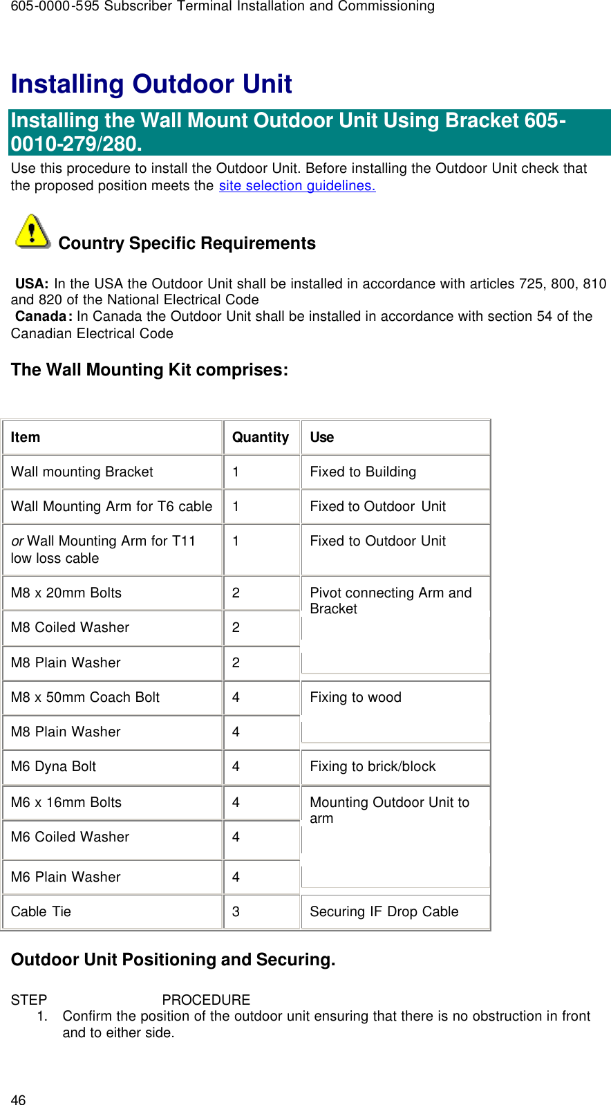 605-0000-595 Subscriber Terminal Installation and Commissioning 46 Installing Outdoor Unit  Installing the Wall Mount Outdoor Unit Using Bracket 605-0010-279/280. Use this procedure to install the Outdoor Unit. Before installing the Outdoor Unit check that the proposed position meets the site selection guidelines.   Country Specific Requirements  USA: In the USA the Outdoor Unit shall be installed in accordance with articles 725, 800, 810 and 820 of the National Electrical Code  Canada: In Canada the Outdoor Unit shall be installed in accordance with section 54 of the Canadian Electrical Code The Wall Mounting Kit comprises:  Item Quantity Use Wall mounting Bracket 1 Fixed to Building Wall Mounting Arm for T6 cable 1 Fixed to Outdoor Unit or Wall Mounting Arm for T11 low loss cable 1 Fixed to Outdoor Unit M8 x 20mm Bolts 2 M8 Coiled Washer 2 M8 Plain Washer 2 Pivot connecting Arm and Bracket M8 x 50mm Coach Bolt 4 M8 Plain Washer 4 Fixing to wood M6 Dyna Bolt 4 Fixing to brick/block M6 x 16mm Bolts 4 M6 Coiled Washer 4 M6 Plain Washer 4 Mounting Outdoor Unit to arm Cable Tie 3 Securing IF Drop Cable Outdoor Unit Positioning and Securing. STEP                            PROCEDURE 1. Confirm the position of the outdoor unit ensuring that there is no obstruction in front and to either side. 