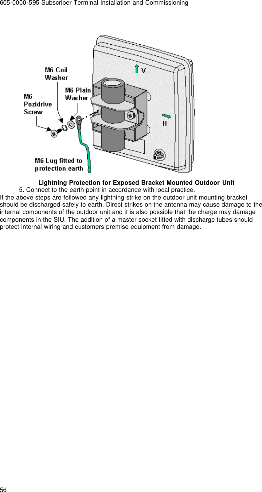 605-0000-595 Subscriber Terminal Installation and Commissioning 56  Lightning Protection for Exposed Bracket Mounted Outdoor Unit 5. Connect to the earth point in accordance with local practice. If the above steps are followed any lightning strike on the outdoor unit mounting bracket should be discharged safely to earth. Direct strikes on the antenna may cause damage to the internal components of the outdoor unit and it is also possible that the charge may damage components in the SIU. The addition of a master socket fitted with discharge tubes should protect internal wiring and customers premise equipment from damage.   