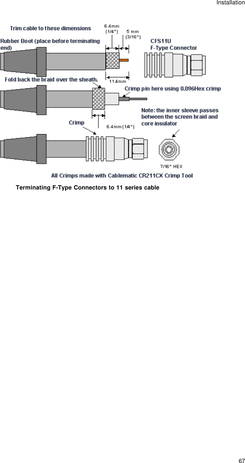 Installation  67  Terminating F-Type Connectors to 11 series cable  