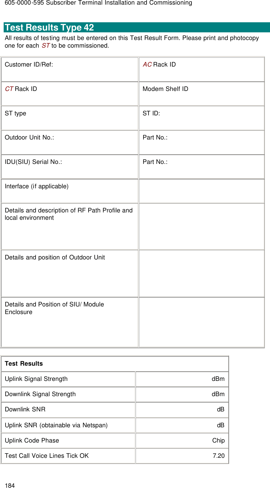 605-0000-595 Subscriber Terminal Installation and Commissioning 184 Test Results Type 42 All results of testing must be entered on this Test Result Form. Please print and photocopy one for each ST to be commissioned.  Customer ID/Ref: AC Rack ID CT Rack ID Modem Shelf ID ST type ST ID: Outdoor Unit No.: Part No.: IDU(SIU) Serial No.: Part No.: Interface (if applicable)   Details and description of RF Path Profile and local environment    Details and position of Outdoor Unit     Details and Position of SIU/ Module Enclosure      Test Results Uplink Signal Strength dBm Downlink Signal Strength dBm Downlink SNR dB Uplink SNR (obtainable via Netspan) dB Uplink Code Phase Chip Test Call Voice Lines Tick OK   7.20 