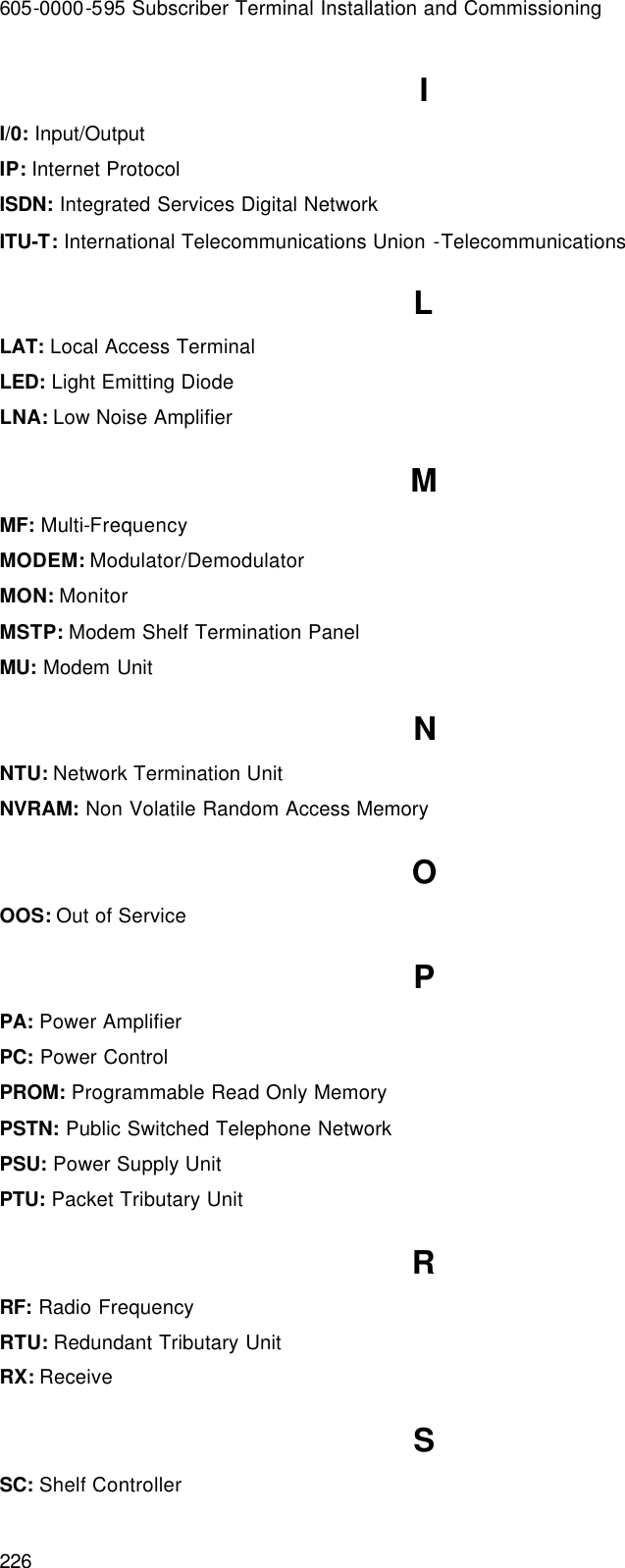 605-0000-595 Subscriber Terminal Installation and Commissioning 226 I I/0: Input/Output IP: Internet Protocol ISDN: Integrated Services Digital Network ITU-T: International Telecommunications Union -Telecommunications L LAT: Local Access Terminal LED: Light Emitting Diode LNA: Low Noise Amplifier M MF: Multi-Frequency MODEM: Modulator/Demodulator MON: Monitor MSTP: Modem Shelf Termination Panel MU: Modem Unit N NTU: Network Termination Unit NVRAM: Non Volatile Random Access Memory O OOS: Out of Service P PA: Power Amplifier PC: Power Control PROM: Programmable Read Only Memory PSTN: Public Switched Telephone Network PSU: Power Supply Unit PTU: Packet Tributary Unit R RF: Radio Frequency RTU: Redundant Tributary Unit RX: Receive S SC: Shelf Controller 