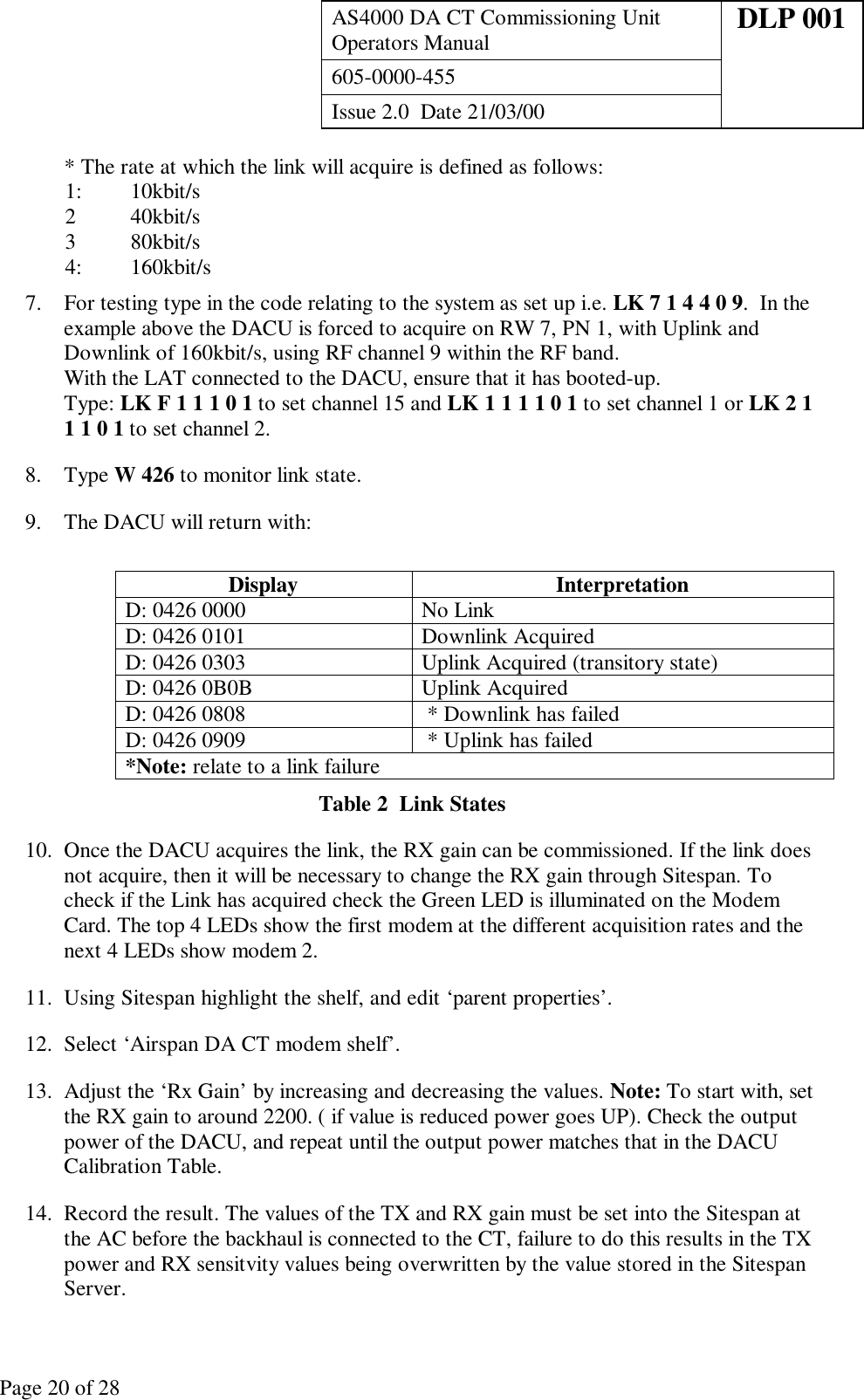 AS4000 DA CT Commissioning UnitOperators Manual DLP 001605-0000-455Issue 2.0  Date 21/03/00Page 20 of 28* The rate at which the link will acquire is defined as follows:1: 10kbit/s240kbit/s380kbit/s4: 160kbit/s7. For testing type in the code relating to the system as set up i.e. LK 7 1 4 4 0 9.  In theexample above the DACU is forced to acquire on RW 7, PN 1, with Uplink andDownlink of 160kbit/s, using RF channel 9 within the RF band.With the LAT connected to the DACU, ensure that it has booted-up.Type: LK F 1 1 1 0 1 to set channel 15 and LK 1 1 1 1 0 1 to set channel 1 or LK 2 11 1 0 1 to set channel 2.8. Type W 426 to monitor link state.9. The DACU will return with:Display InterpretationD: 0426 0000 No LinkD: 0426 0101 Downlink AcquiredD: 0426 0303 Uplink Acquired (transitory state)D: 0426 0B0B Uplink AcquiredD: 0426 0808  * Downlink has failedD: 0426 0909  * Uplink has failed*Note: relate to a link failureTable 2  Link States10. Once the DACU acquires the link, the RX gain can be commissioned. If the link doesnot acquire, then it will be necessary to change the RX gain through Sitespan. Tocheck if the Link has acquired check the Green LED is illuminated on the ModemCard. The top 4 LEDs show the first modem at the different acquisition rates and thenext 4 LEDs show modem 2.11. Using Sitespan highlight the shelf, and edit ‘parent properties’.12. Select ‘Airspan DA CT modem shelf’.13. Adjust the ‘Rx Gain’ by increasing and decreasing the values. Note: To start with, setthe RX gain to around 2200. ( if value is reduced power goes UP). Check the outputpower of the DACU, and repeat until the output power matches that in the DACUCalibration Table.14. Record the result. The values of the TX and RX gain must be set into the Sitespan atthe AC before the backhaul is connected to the CT, failure to do this results in the TXpower and RX sensitvity values being overwritten by the value stored in the SitespanServer.