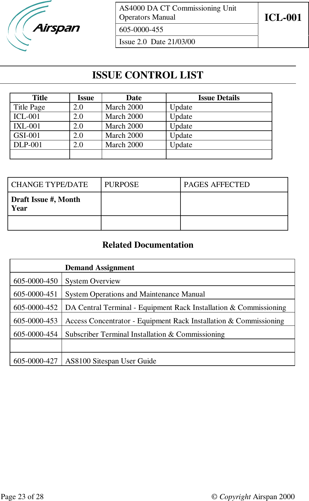 AS4000 DA CT Commissioning UnitOperators Manual ICL-001605-0000-455Issue 2.0  Date 21/03/00Page 23 of 28 © Copyright Airspan 2000 ISSUE CONTROL LISTTitle Issue Date Issue DetailsTitle Page 2.0 March 2000 UpdateICL-001 2.0 March 2000 UpdateIXL-001 2.0 March 2000 UpdateGSI-001 2.0 March 2000 UpdateDLP-001 2.0 March 2000 UpdateCHANGE TYPE/DATE PURPOSE PAGES AFFECTEDDraft Issue #, MonthYearRelated DocumentationDemand Assignment605-0000-450 System Overview605-0000-451 System Operations and Maintenance Manual605-0000-452 DA Central Terminal - Equipment Rack Installation &amp; Commissioning605-0000-453 Access Concentrator - Equipment Rack Installation &amp; Commissioning605-0000-454 Subscriber Terminal Installation &amp; Commissioning605-0000-427 AS8100 Sitespan User Guide