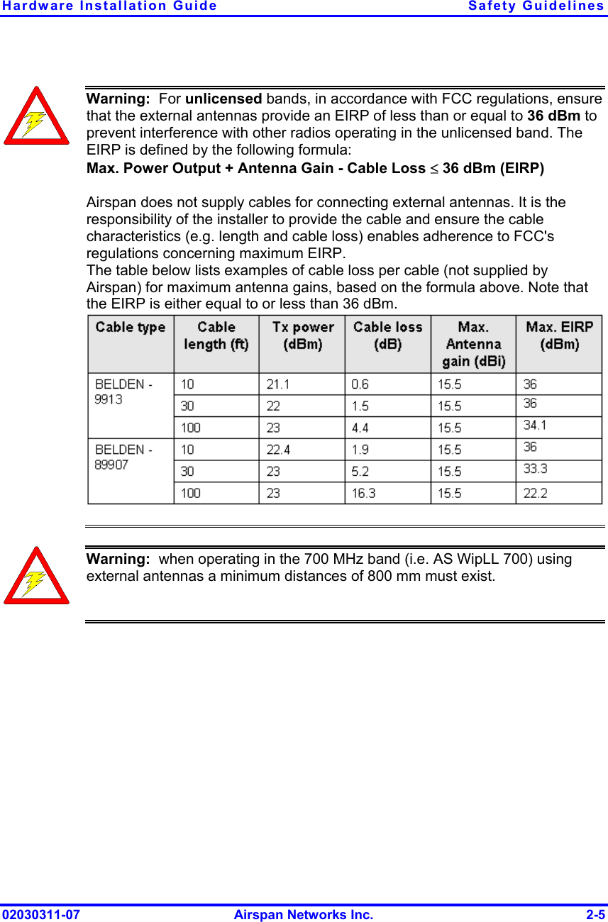 Hardware Installation Guide  Safety Guidelines 02030311-07  Airspan Networks Inc.  2-5  Warning:  For unlicensed bands, in accordance with FCC regulations, ensure that the external antennas provide an EIRP of less than or equal to 36 dBm to prevent interference with other radios operating in the unlicensed band. The EIRP is defined by the following formula: Max. Power Output + Antenna Gain - Cable Loss ≤ 36 dBm (EIRP)  Airspan does not supply cables for connecting external antennas. It is the responsibility of the installer to provide the cable and ensure the cable characteristics (e.g. length and cable loss) enables adherence to FCC&apos;s regulations concerning maximum EIRP. The table below lists examples of cable loss per cable (not supplied by Airspan) for maximum antenna gains, based on the formula above. Note that the EIRP is either equal to or less than 36 dBm.   Warning:  when operating in the 700 MHz band (i.e. AS WipLL 700) using external antennas a minimum distances of 800 mm must exist.     