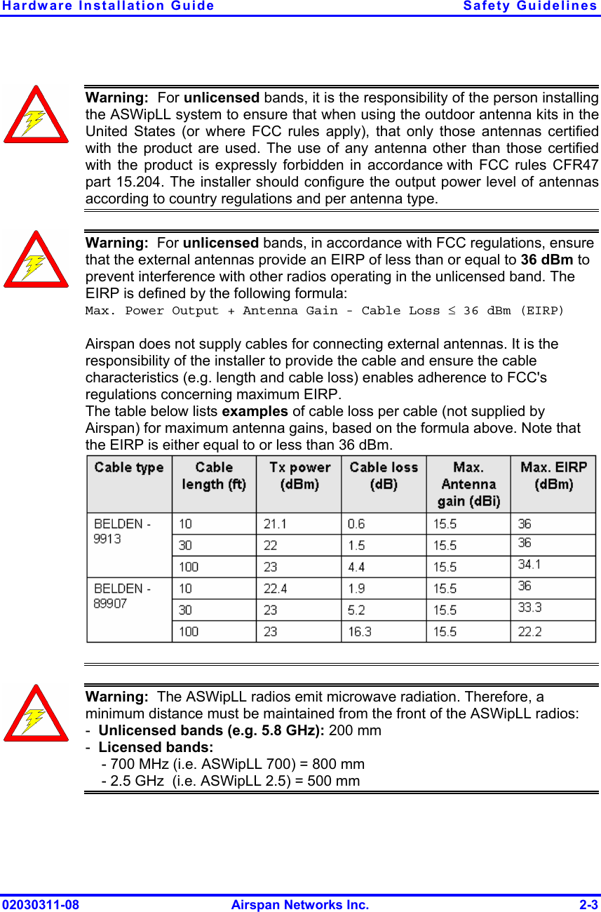 Hardware Installation Guide  Safety Guidelines 02030311-08  Airspan Networks Inc.  2-3  Warning:  For unlicensed bands, it is the responsibility of the person installing the ASWipLL system to ensure that when using the outdoor antenna kits in theUnited States (or where FCC rules apply), that only those antennas certifiedwith the product are used. The use of any antenna other than those certified with the product is expressly forbidden in accordance with FCC rules CFR47 part 15.204. The installer should configure the output power level of antennasaccording to country regulations and per antenna type.  Warning:  For unlicensed bands, in accordance with FCC regulations, ensure that the external antennas provide an EIRP of less than or equal to 36 dBm to prevent interference with other radios operating in the unlicensed band. The EIRP is defined by the following formula: Max. Power Output + Antenna Gain - Cable Loss ≤ 36 dBm (EIRP)  Airspan does not supply cables for connecting external antennas. It is the responsibility of the installer to provide the cable and ensure the cable characteristics (e.g. length and cable loss) enables adherence to FCC&apos;s regulations concerning maximum EIRP. The table below lists examples of cable loss per cable (not supplied by Airspan) for maximum antenna gains, based on the formula above. Note that the EIRP is either equal to or less than 36 dBm.   Warning:  The ASWipLL radios emit microwave radiation. Therefore, a minimum distance must be maintained from the front of the ASWipLL radios: -  Unlicensed bands (e.g. 5.8 GHz): 200 mm -  Licensed bands:     - 700 MHz (i.e. ASWipLL 700) = 800 mm     - 2.5 GHz  (i.e. ASWipLL 2.5) = 500 mm 