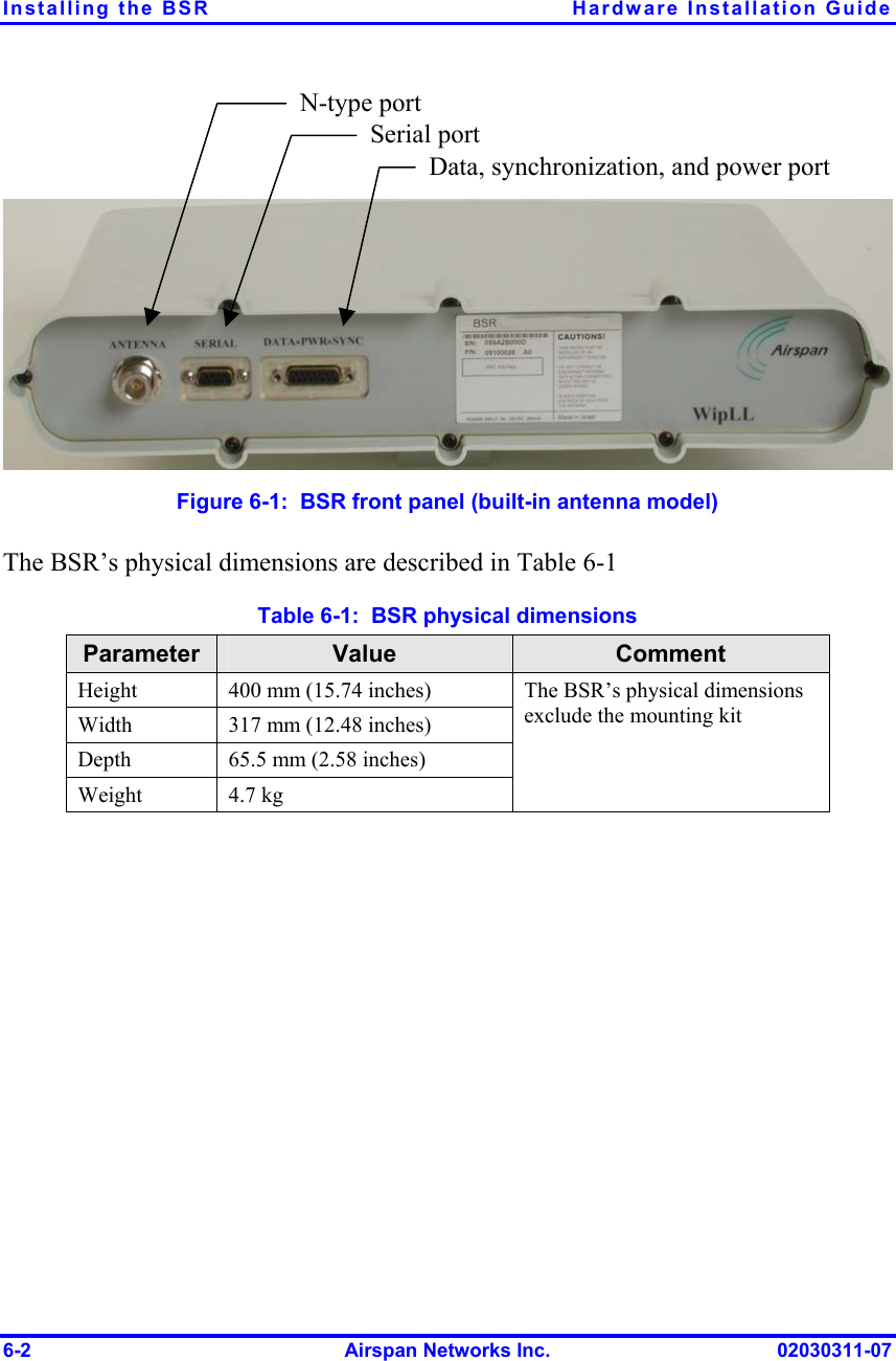 Installing the BSR  Hardware Installation Guide    Serial port N-type port Data, synchronization, and power port Figure  6-1:  BSR front panel (built-in antenna model) The BSR’s physical dimensions are described in Table  6-1  Table  6-1:  BSR physical dimensions Parameter  Value  Comment Height  400 mm (15.74 inches) Width  317 mm (12.48 inches) Depth  65.5 mm (2.58 inches) Weight 4.7 kg The BSR’s physical dimensions exclude the mounting kit  6-2  Airspan Networks Inc.  02030311-07 