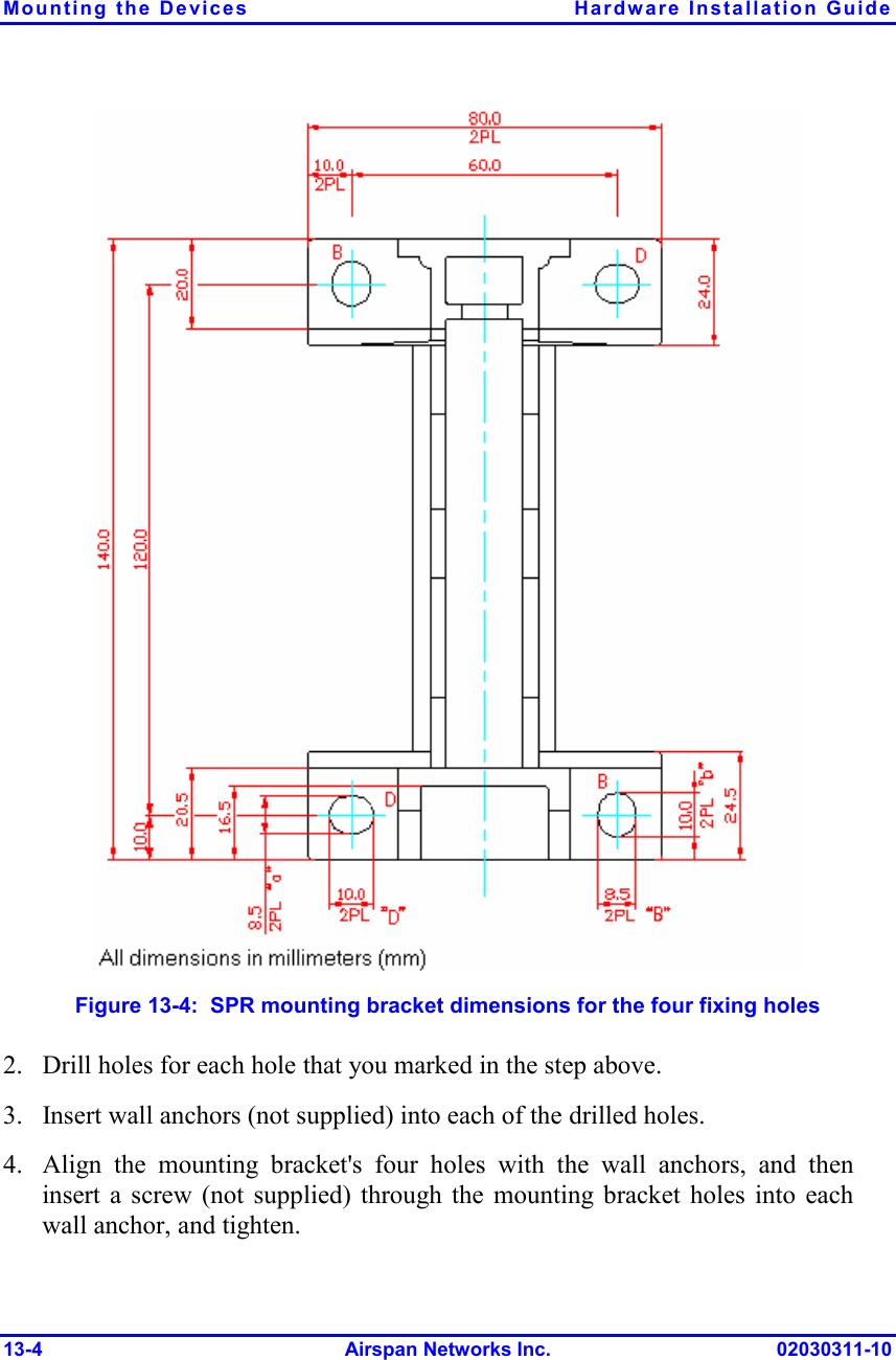 Mounting the Devices  Hardware Installation Guide 13-4 Airspan Networks Inc. 02030311-10  Figure  13-4:  SPR mounting bracket dimensions for the four fixing holes 2. Drill holes for each hole that you marked in the step above. 3. Insert wall anchors (not supplied) into each of the drilled holes. 4. Align the mounting bracket&apos;s four holes with the wall anchors, and then insert a screw (not supplied) through the mounting bracket holes into each wall anchor, and tighten. 