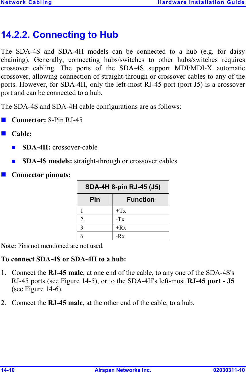 Network Cabling  Hardware Installation Guide 14-10 Airspan Networks Inc. 02030311-10 14.2.2. Connecting to Hub The SDA-4S and SDA-4H models can be connected to a hub (e.g. for daisy chaining). Generally, connecting hubs/switches to other hubs/switches requires crossover cabling. The ports of the SDA-4S support MDI/MDI-X automatic crossover, allowing connection of straight-through or crossover cables to any of the ports. However, for SDA-4H, only the left-most RJ-45 port (port J5) is a crossover port and can be connected to a hub.  The SDA-4S and SDA-4H cable configurations are as follows:  Connector: 8-Pin RJ-45  Cable:   SDA-4H: crossover-cable  SDA-4S models: straight-through or crossover cables  Connector pinouts:  SDA-4H 8-pin RJ-45 (J5) Pin  Function 1 +Tx 2 -Tx 3 +Rx 6 -Rx Note: Pins not mentioned are not used. To connect SDA-4S or SDA-4H to a hub: 1. Connect the RJ-45 male, at one end of the cable, to any one of the SDA-4S&apos;s RJ-45 ports (see Figure  14-5), or to the SDA-4H&apos;s left-most RJ-45 port - J5 (see Figure  14-6). 2. Connect the RJ-45 male, at the other end of the cable, to a hub.  