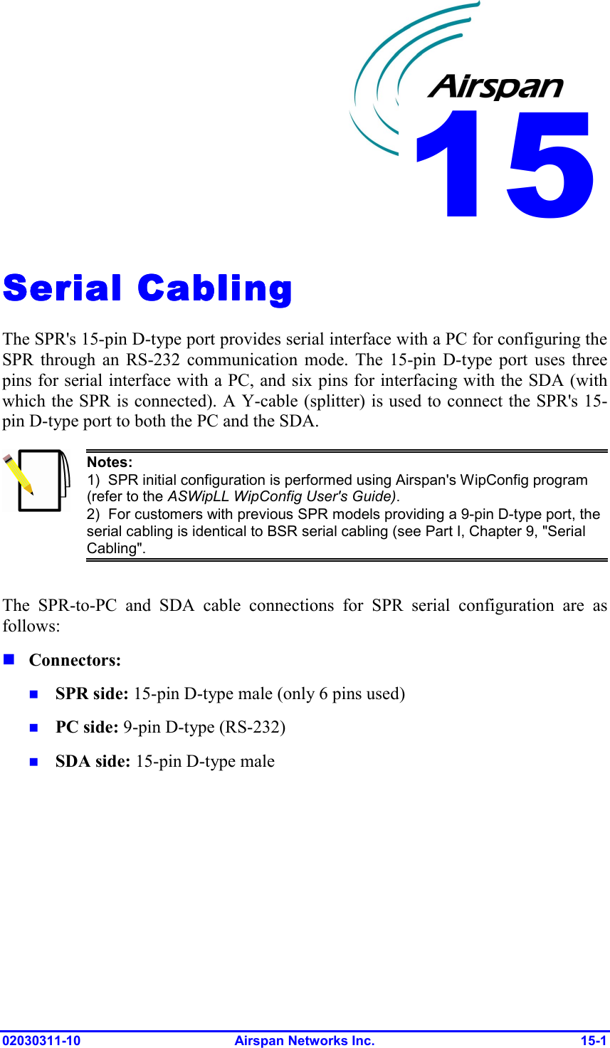  02030311-10 Airspan Networks Inc.  15-1 Serial CablingSerial CablingSerial CablingSerial Cabling    The SPR&apos;s 15-pin D-type port provides serial interface with a PC for configuring the SPR through an RS-232 communication mode. The 15-pin D-type port uses three pins for serial interface with a PC, and six pins for interfacing with the SDA (with which the SPR is connected). A Y-cable (splitter) is used to connect the SPR&apos;s 15-pin D-type port to both the PC and the SDA.  Notes: 1)  SPR initial configuration is performed using Airspan&apos;s WipConfig program (refer to the ASWipLL WipConfig User&apos;s Guide). 2)  For customers with previous SPR models providing a 9-pin D-type port, the serial cabling is identical to BSR serial cabling (see Part I, Chapter 9, &quot;Serial Cabling&quot;.  The SPR-to-PC and SDA cable connections for SPR serial configuration are as follows:  Connectors:  SPR side: 15-pin D-type male (only 6 pins used)  PC side: 9-pin D-type (RS-232)  SDA side: 15-pin D-type male 15