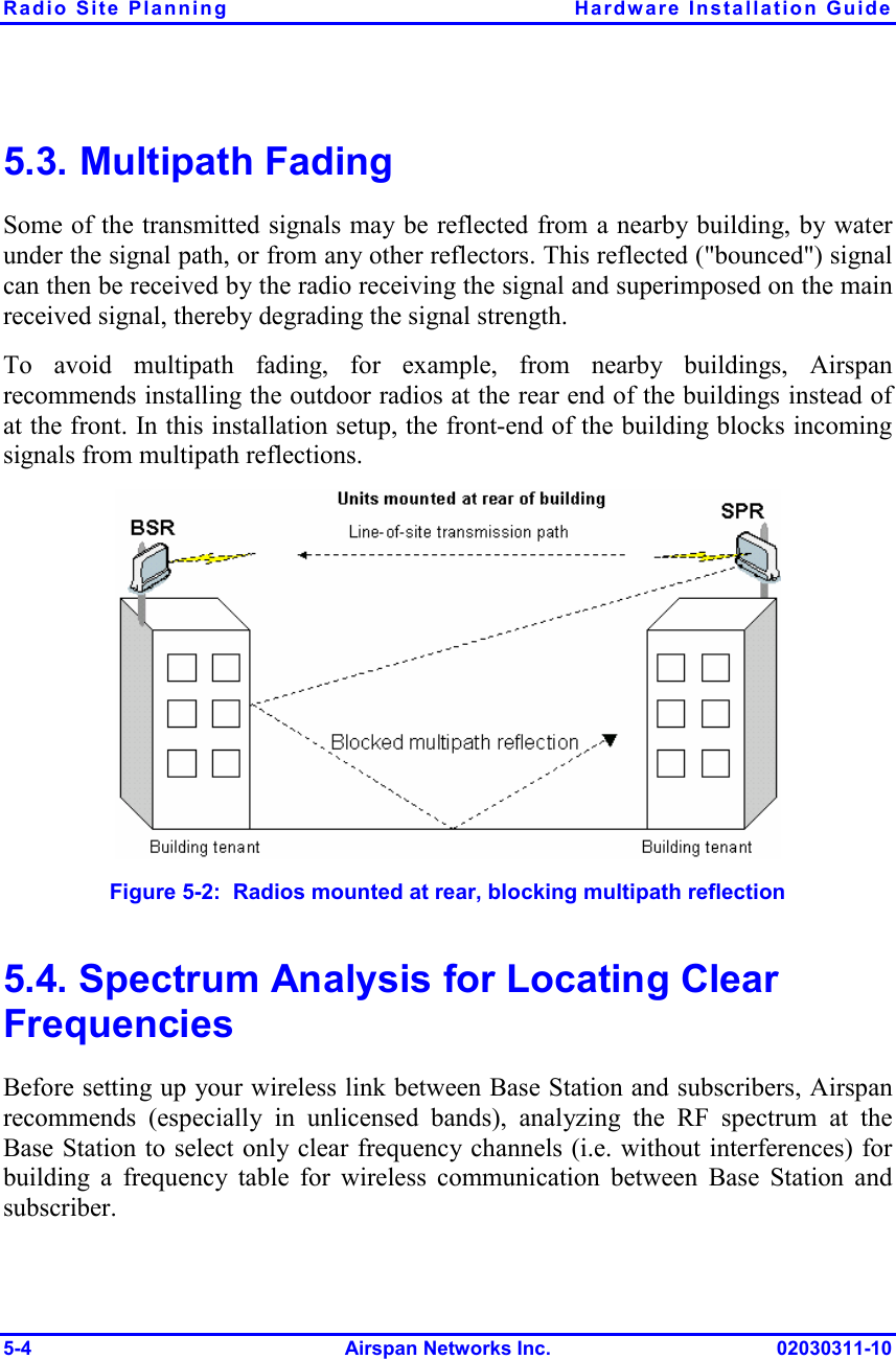 Radio Site Planning  Hardware Installation Guide 5-4 Airspan Networks Inc. 02030311-10 5.3. Multipath Fading Some of the transmitted signals may be reflected from a nearby building, by water under the signal path, or from any other reflectors. This reflected (&quot;bounced&quot;) signal can then be received by the radio receiving the signal and superimposed on the main received signal, thereby degrading the signal strength. To avoid multipath fading, for example, from nearby buildings, Airspan recommends installing the outdoor radios at the rear end of the buildings instead of at the front. In this installation setup, the front-end of the building blocks incoming signals from multipath reflections.    Figure  5-2:  Radios mounted at rear, blocking multipath reflection 5.4. Spectrum Analysis for Locating Clear Frequencies Before setting up your wireless link between Base Station and subscribers, Airspan recommends (especially in unlicensed bands), analyzing the RF spectrum at the Base Station to select only clear frequency channels (i.e. without interferences) for building a frequency table for wireless communication between Base Station and subscriber.  