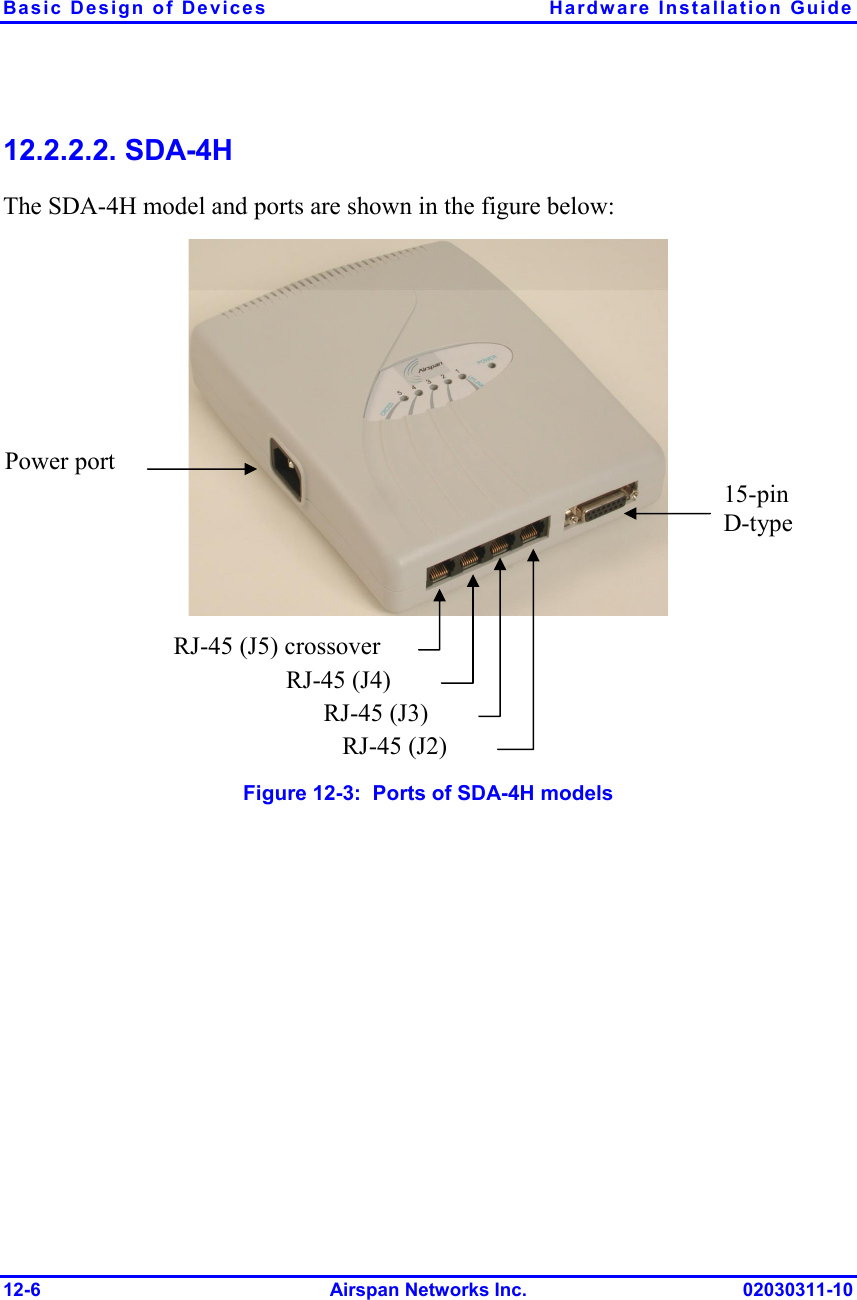 Basic Design of Devices  Hardware Installation Guide 12-6 Airspan Networks Inc. 02030311-10 12.2.2.2. SDA-4H The SDA-4H model and ports are shown in the figure below:     Figure  12-3:  Ports of SDA-4H models Power port RJ-45 (J5) crossover RJ-45 (J4) RJ-45 (J3) RJ-45 (J2) 15-pin D-type 