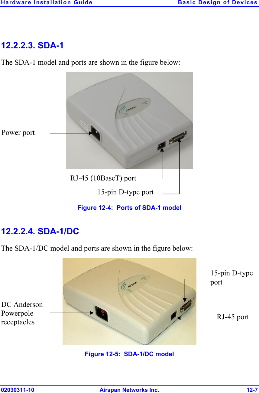 Hardware Installation Guide  Basic Design of Devices 02030311-10 Airspan Networks Inc.  12-7 12.2.2.3. SDA-1 The SDA-1 model and ports are shown in the figure below:    Figure  12-4:  Ports of SDA-1 model 12.2.2.4. SDA-1/DC The SDA-1/DC model and ports are shown in the figure below:  Figure  12-5:  SDA-1/DC model 15-pin D-type port RJ-45 (10BaseT) port Power port RJ-45 port DC Anderson Powerpole receptacles 15-pin D-type port 